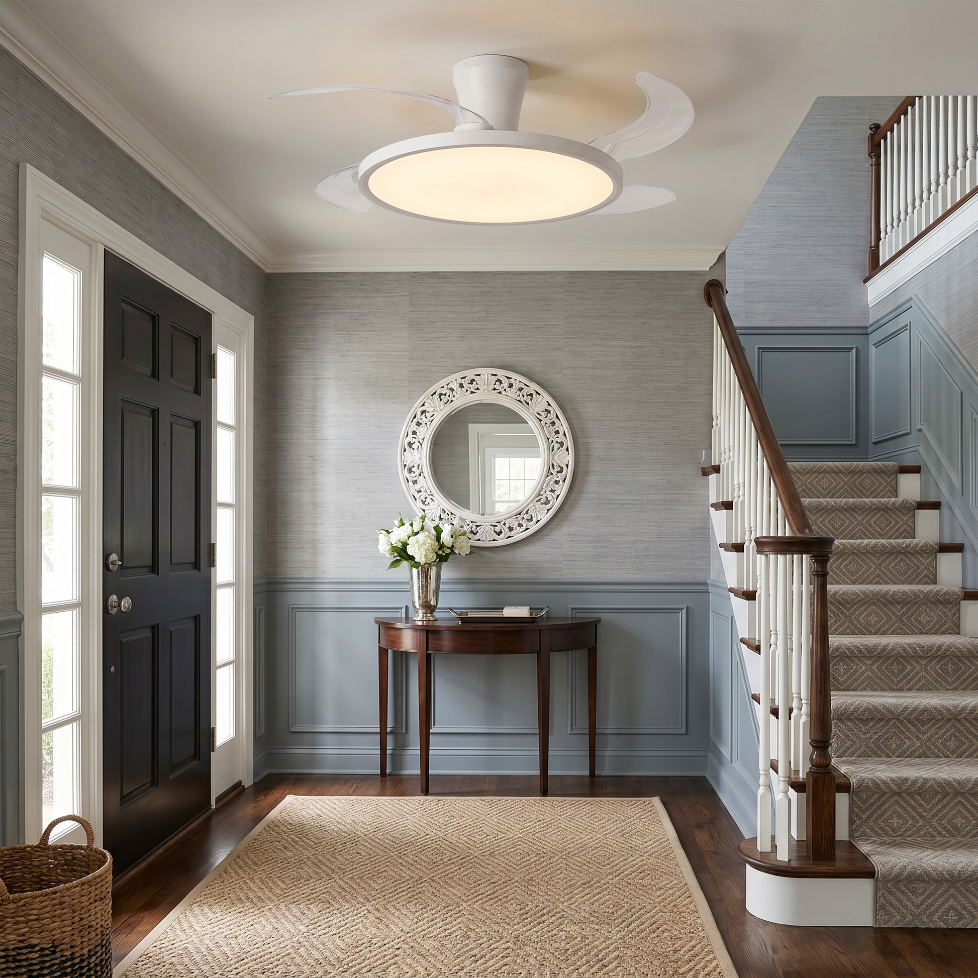 Detail shot of iron ultra-thin hidden full-spectrum eye-care LED flush mount ceiling light lit with iron frame and ABS fan blades in home office