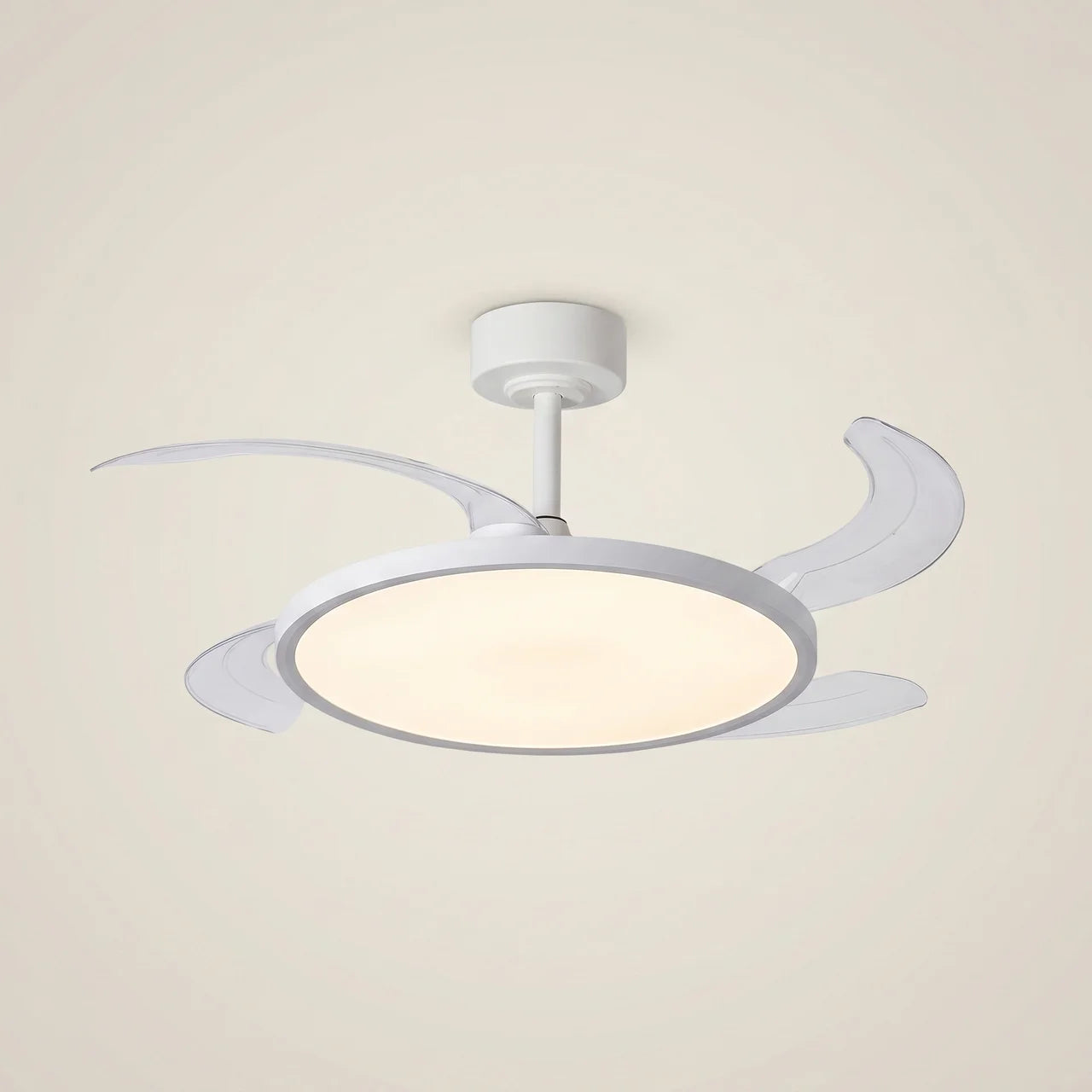 Iron ultra-thin hidden full-spectrum eye-care LED flush mount ceiling light shown front view lit with iron frame and ABS fan blades