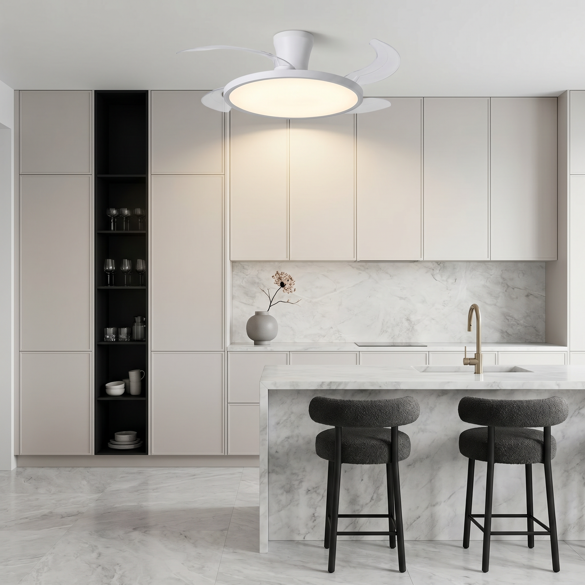 Iron ultra-thin hidden full-spectrum eye-care LED flush mount ceiling light side profile lit with iron frame and ABS fan blades in foyer scene