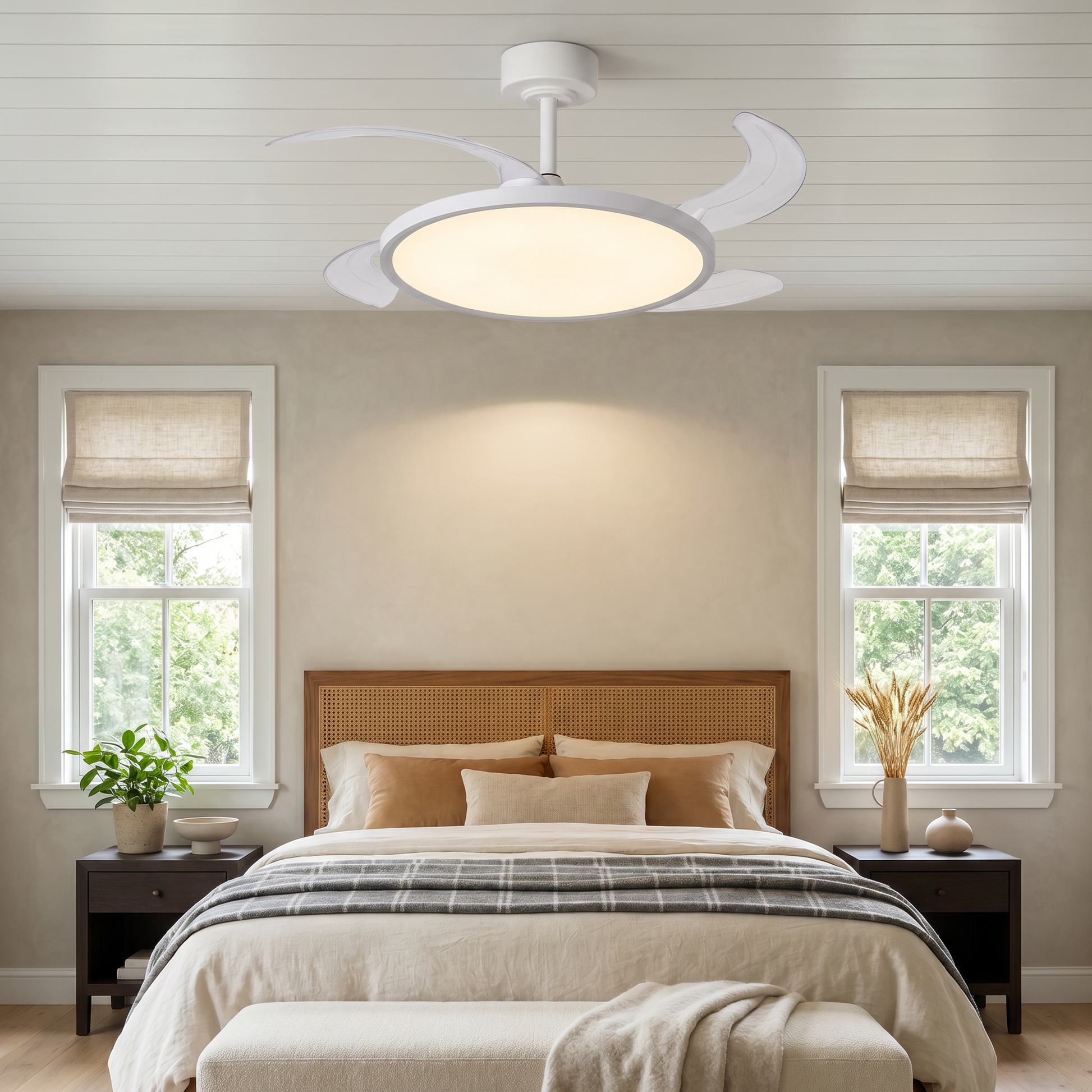 Iron ultra-thin hidden full-spectrum eye-care LED flush mount ceiling light at three-quarter angle lit with iron frame and ABS fan blades in dining room