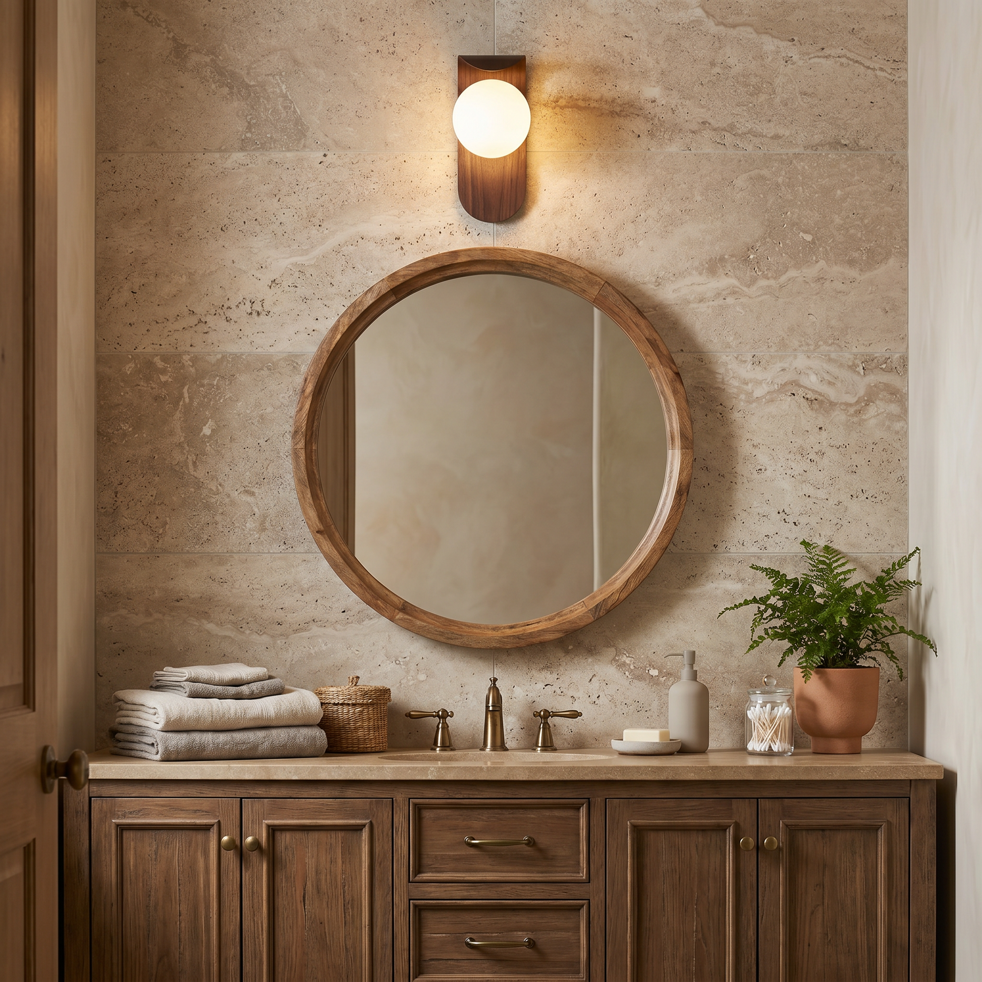 Natural wood tone Iron Wood Grain Curved Bracket G9 LED 1-Light Wall Sconce front view in bathroom with warm glow and curved wood bracket