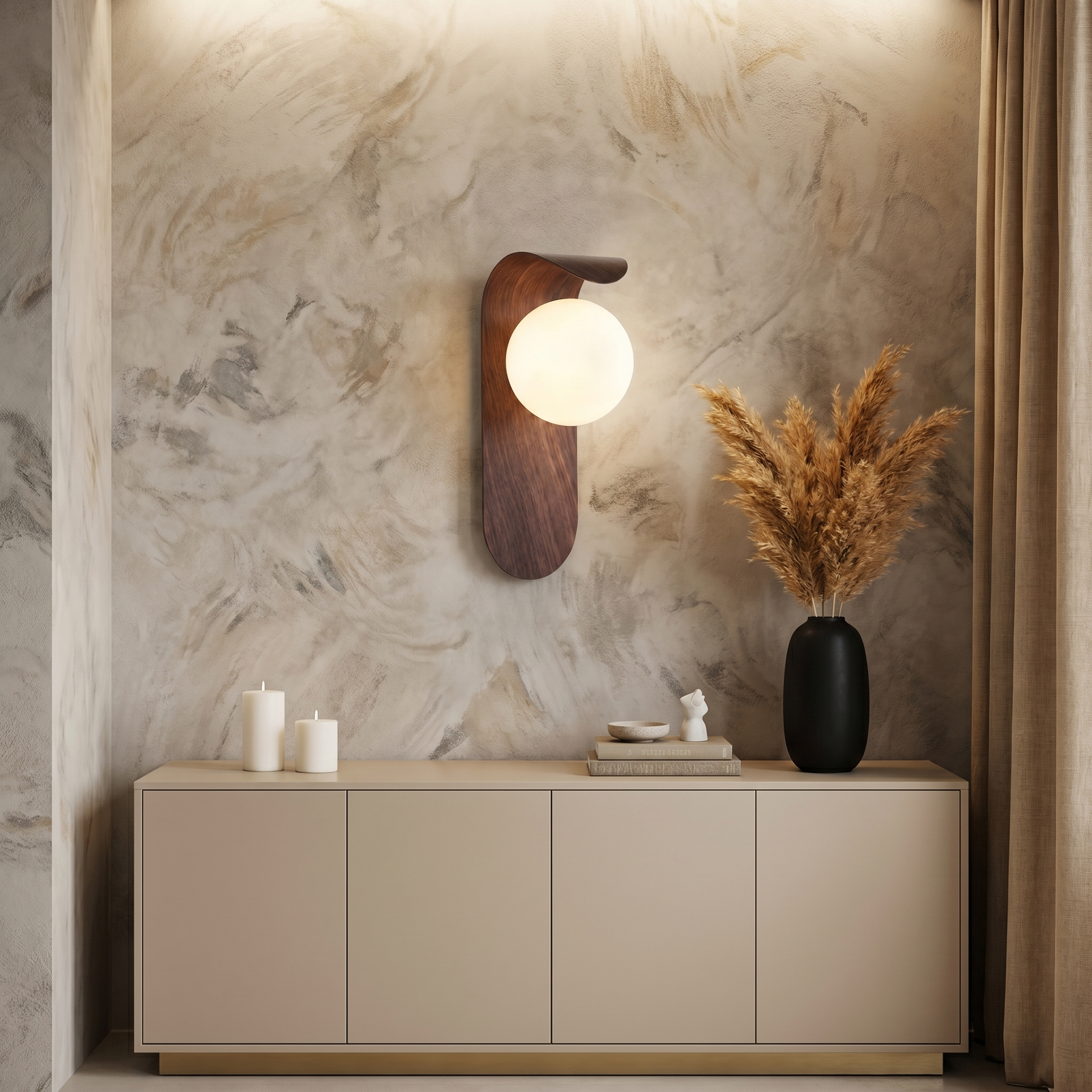 Natural wood tone Iron Wood Grain Curved Bracket G9 LED 1-Light Wall Sconce front view in hallway with warm white light and visible wood grain texture