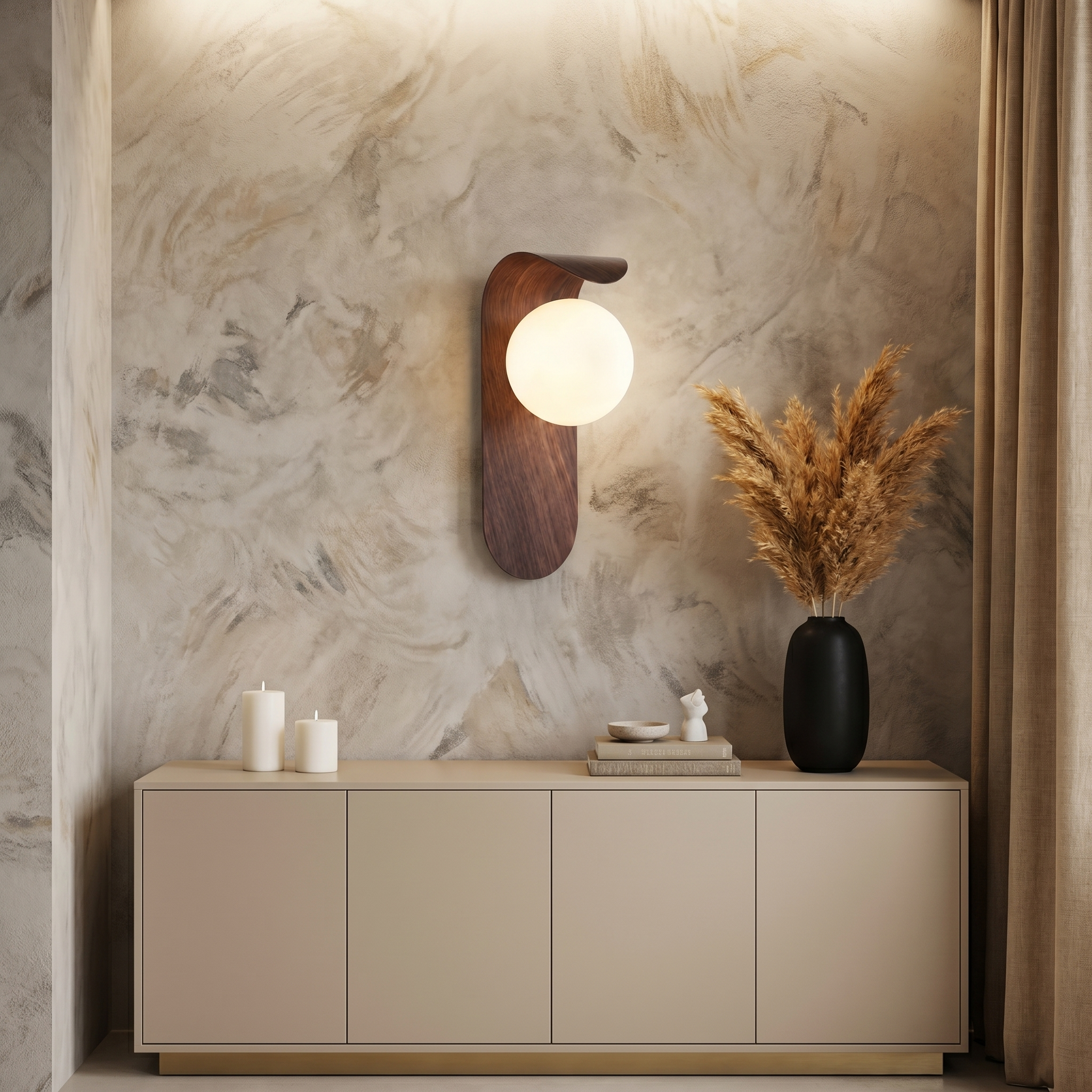 Natural wood tone Iron Wood Grain Curved Bracket G9 LED 1-Light Wall Sconce front view in hallway with warm white light and visible wood grain texture