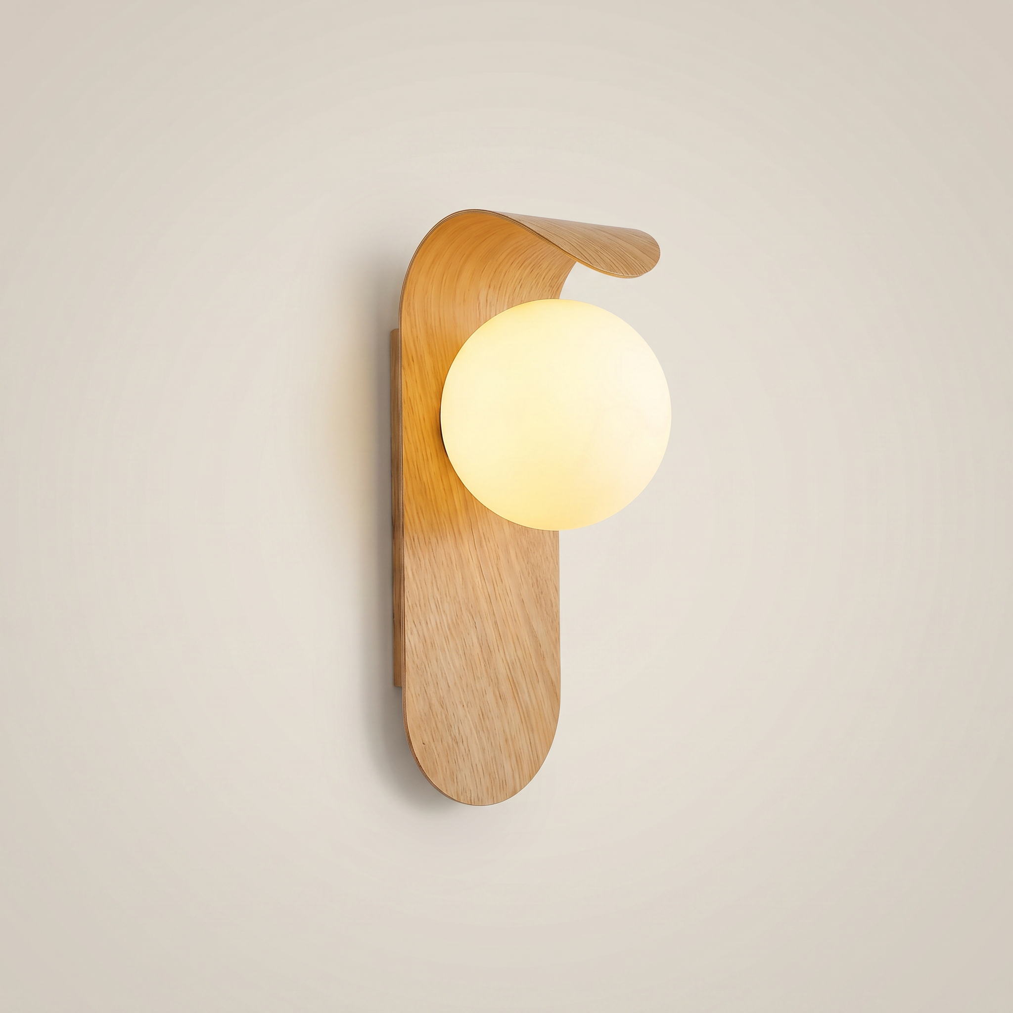Natural wood tone Iron Wood Grain Curved Bracket G9 LED 1-Light Wall Sconce front view showing PVC shade spherical frosted diffuser and iron body