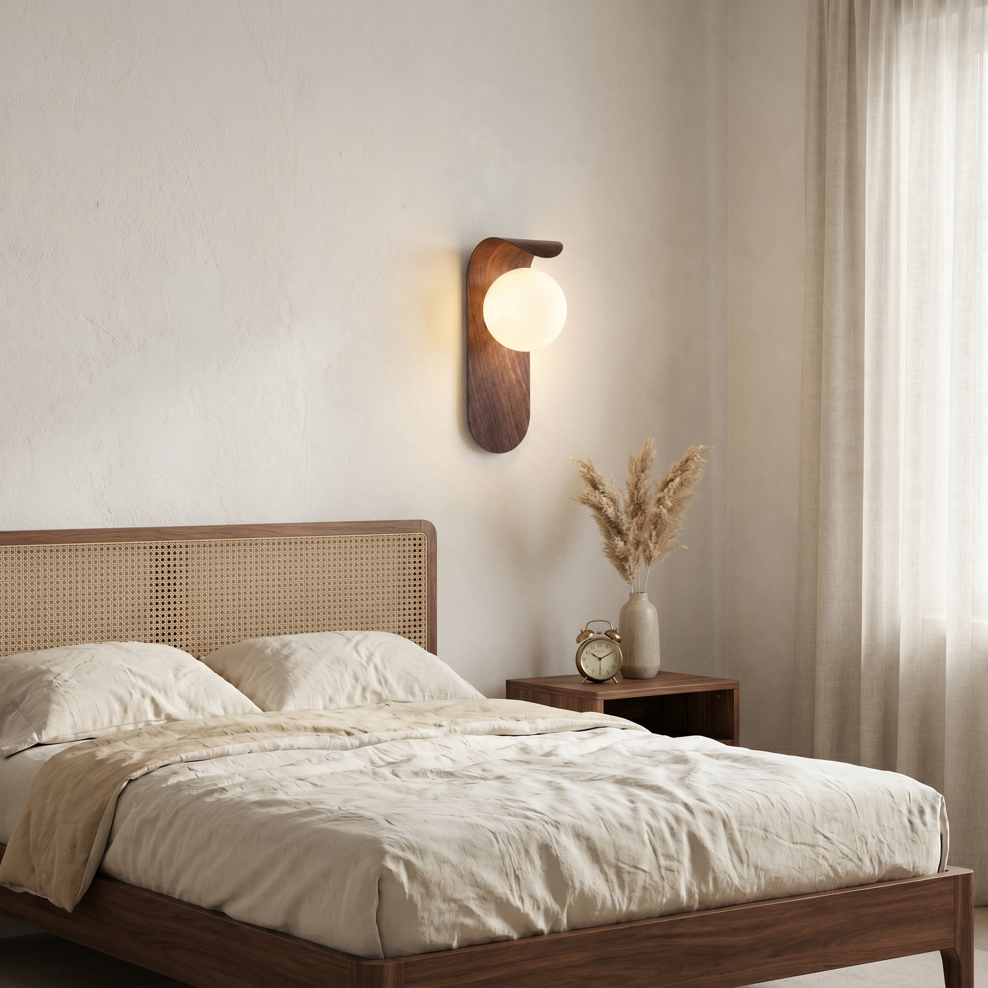 Natural wood tone Iron Wood Grain Curved Bracket G9 LED 1-Light Wall Sconce side profile in bedroom with soft warm light and PVC shade