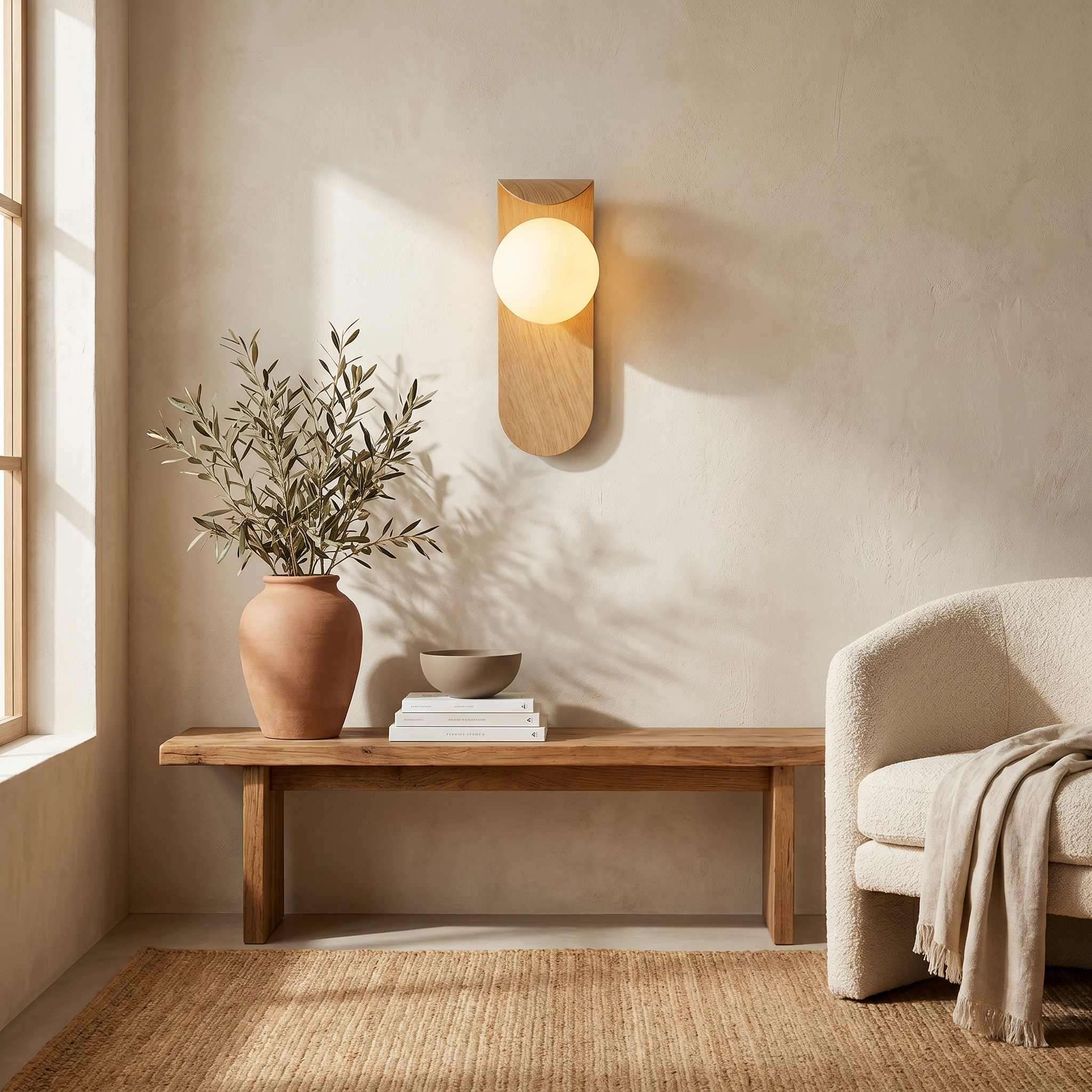 Natural wood tone Iron Wood Grain Curved Bracket G9 LED 1-Light Wall Sconce three-quarter angle in living room with warm white light and wood grain bracket