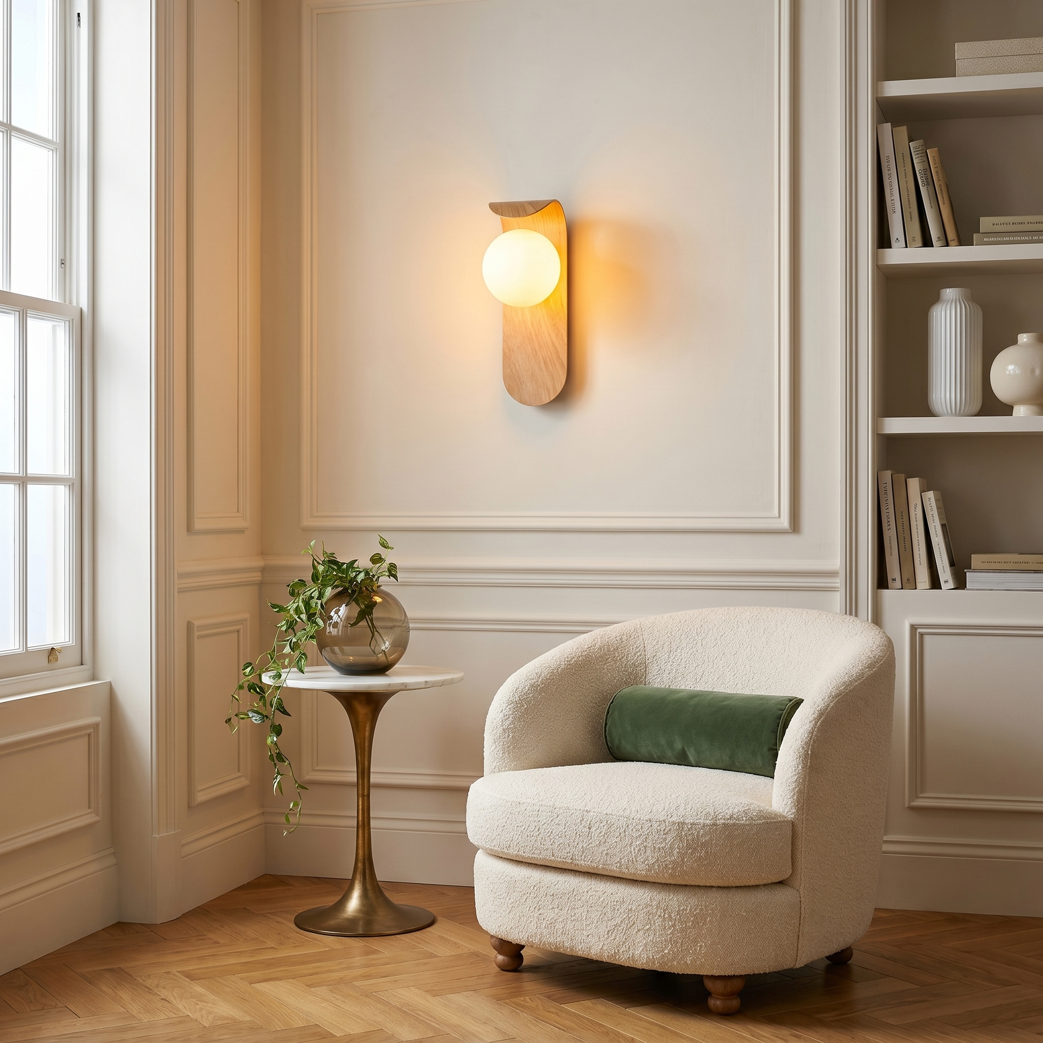 Natural wood tone Iron Wood Grain Curved Bracket G9 LED 1-Light Wall Sconce three-quarter angle in sitting room with warm ambient light and iron body