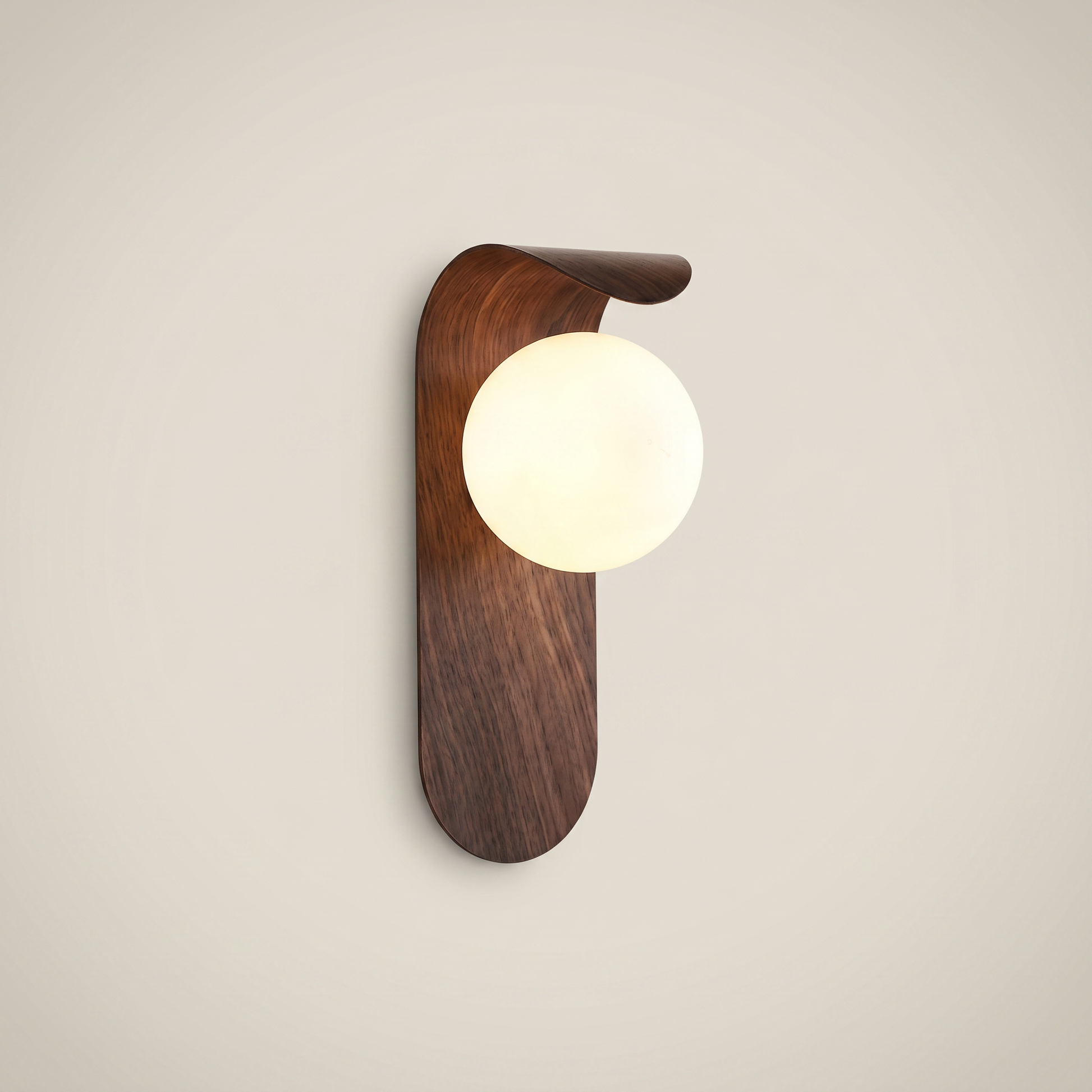 Walnut tone Iron Wood Grain Curved Bracket G9 LED 1-Light Wall Sconce front view showing PVC shade spherical frosted diffuser and iron body