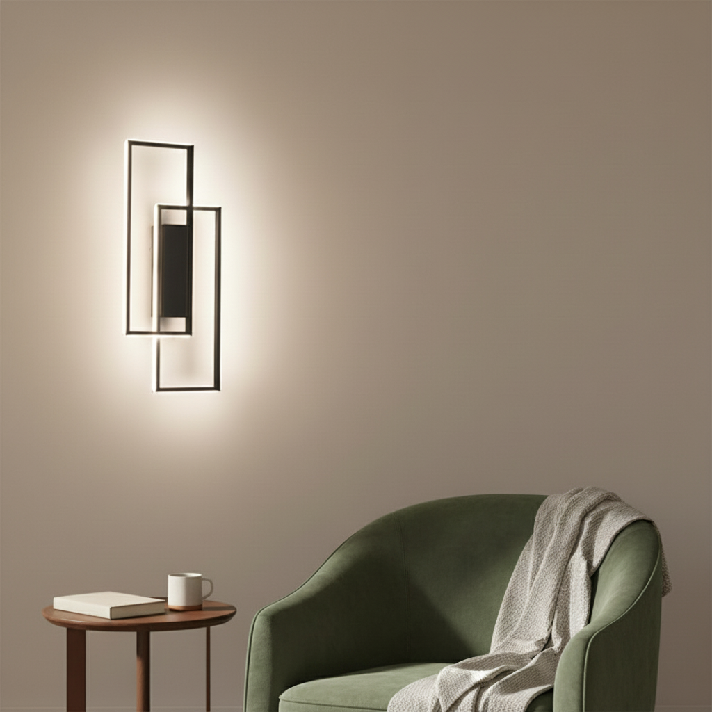 Black geometric LED wall lamp with adjustable color temperature illuminating a wall next to a green armchair and a small side table with a mug and a book.