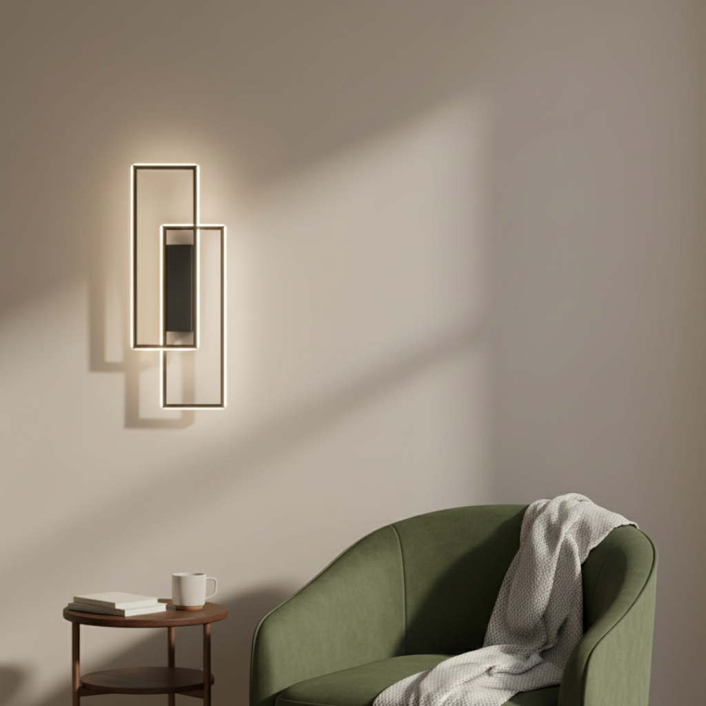 Black geometric LED wall lamp with adjustable color temperature illuminating a wall next to a green armchair and a small side table with a mug and a book.