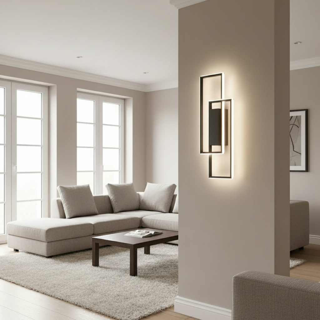 Black geometric LED wall lamp with adjustable color temperature illuminating a modern living room with a light gray sectional sofa and coffee table.