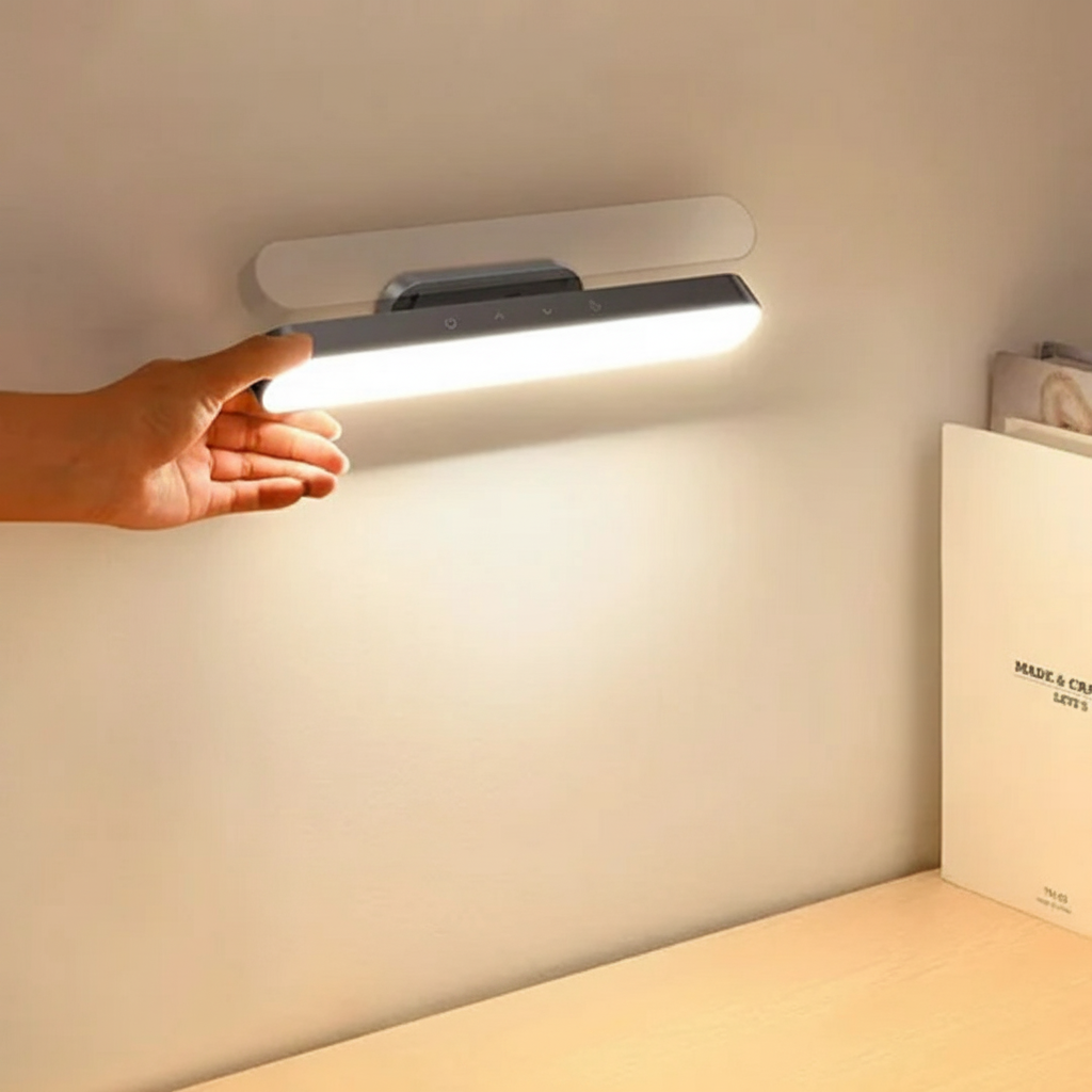 A hand adjusting the angle of the grey Lumora wireless magnetic LED lamp, showing its 80-degree rotation capability while mounted on a wall above a desk.