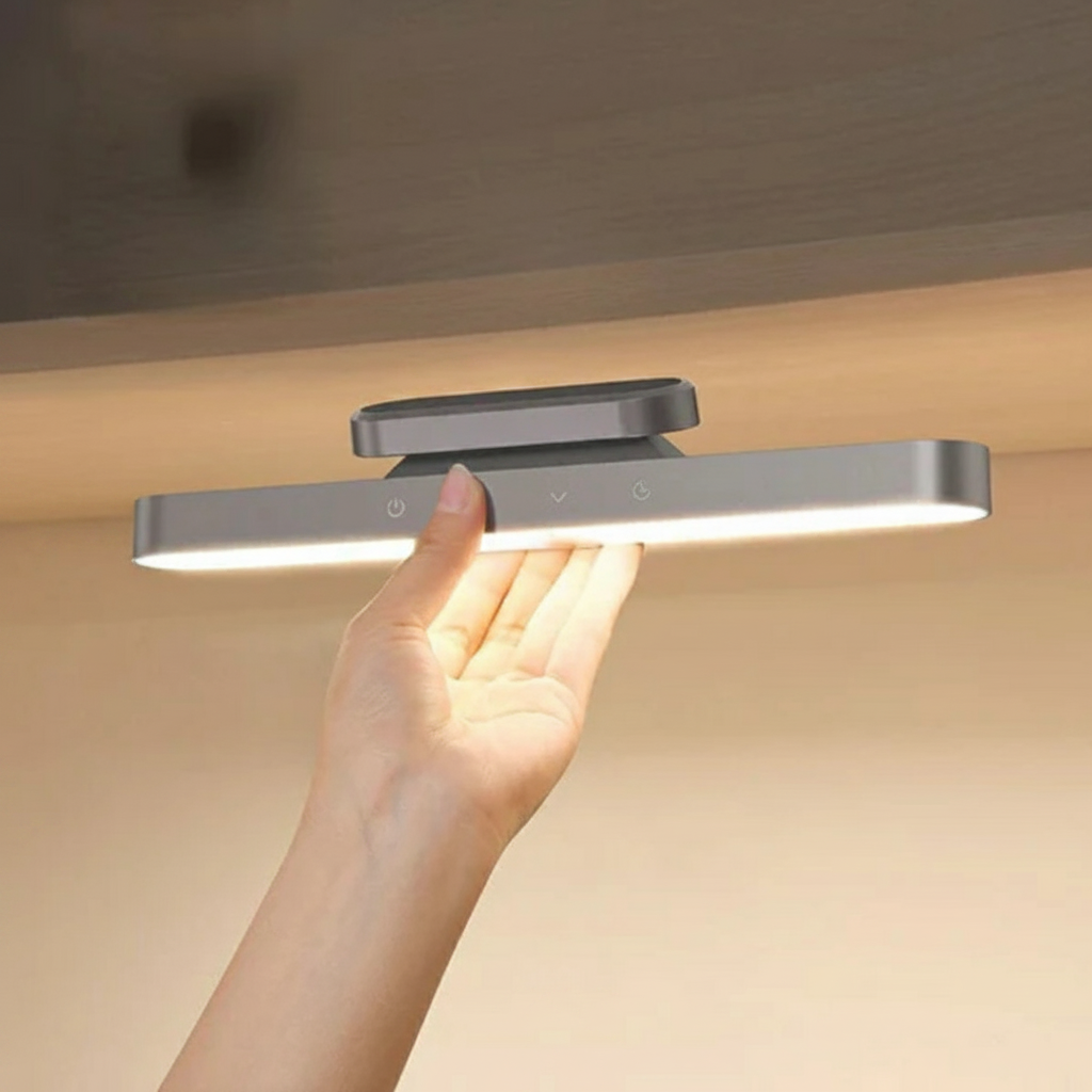Lumora wireless magnetic LED lamp in gray, held by a hand from underneath, showcasing its illuminated light and control buttons.