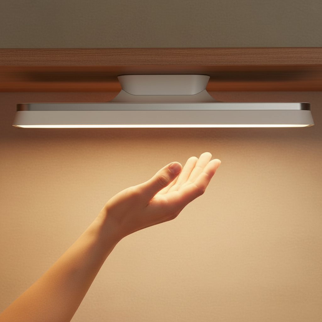 Lumora wireless magnetic LED lamp in gray, mounted under a wooden shelf, with a hand reaching up to touch its illuminated surface and visible control icons.