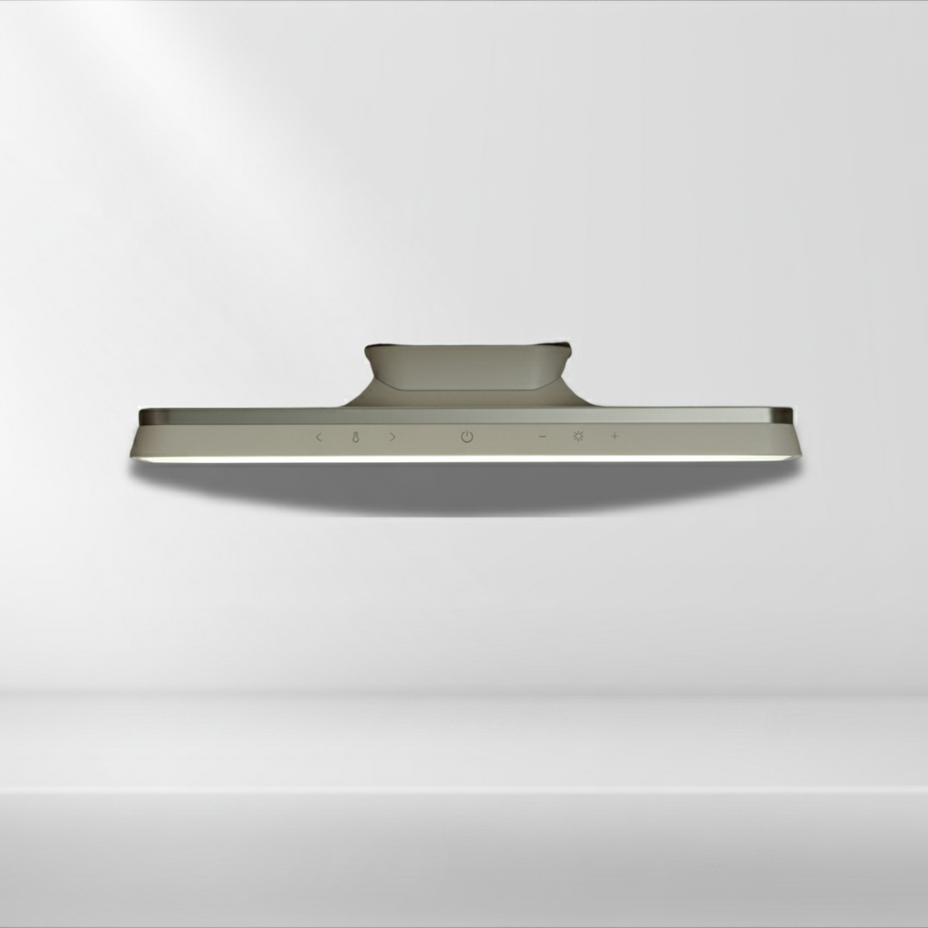 FLAGGED: Image contains significant text overlays in Dutch, which should be removed. | Front view of the Lumora wireless magnetic LED lamp in grey, showcasing its key features with icons for wireless charging, USB-C connectivity, magnetic mounting, and touch control.