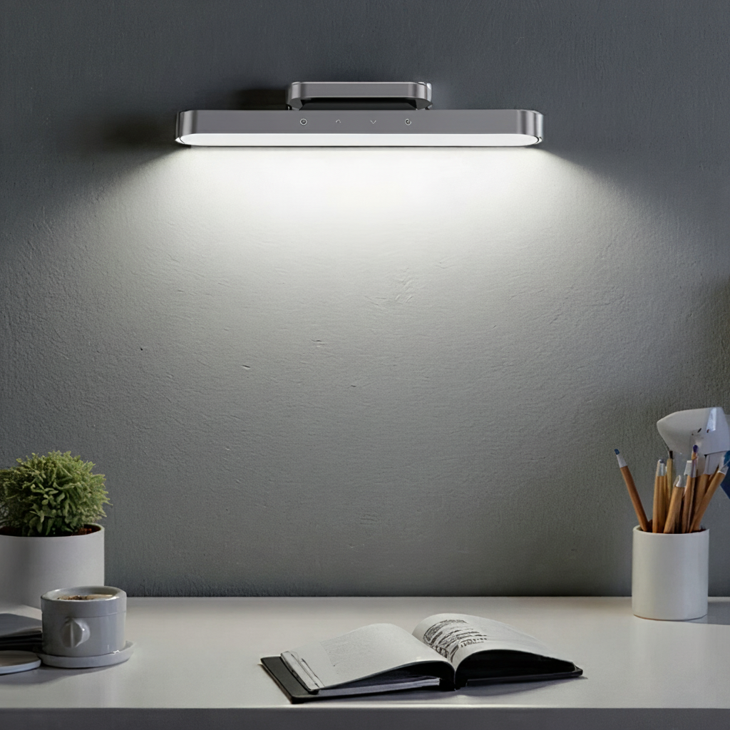 Lumora wireless magnetic LED lamp in gray, mounted on a gray wall, illuminating a desk with an open book, coffee cup, and small plant.