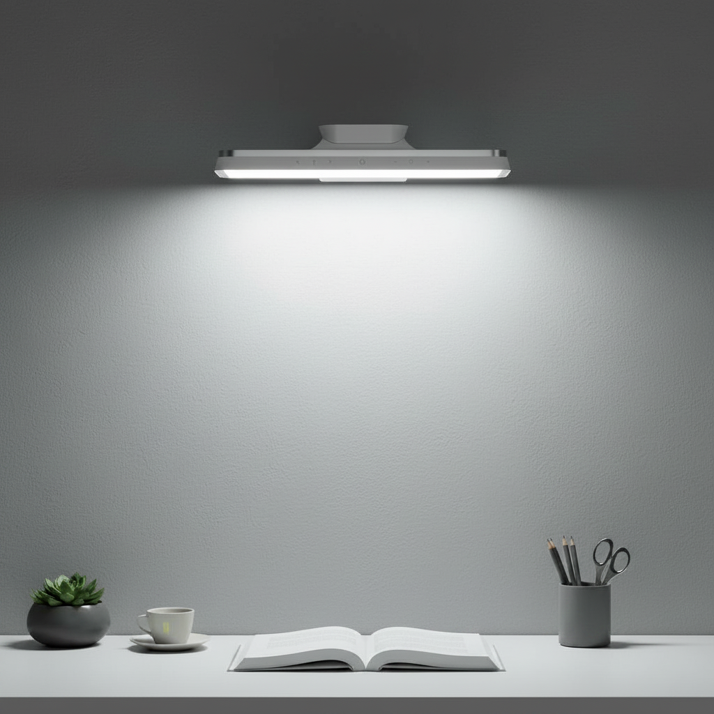 Lumora wireless magnetic LED lamp in gray, mounted on a wall above a minimalist desk setup with a small plant, coffee cup, open book, and pen holder.