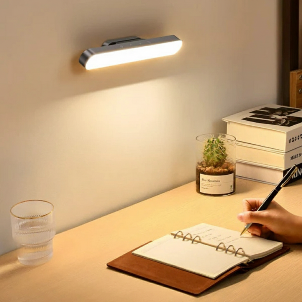 The Lumora wireless magnetic LED lamp in grey mounted on a wall, providing illumination for a desk where a hand is writing in a notebook.