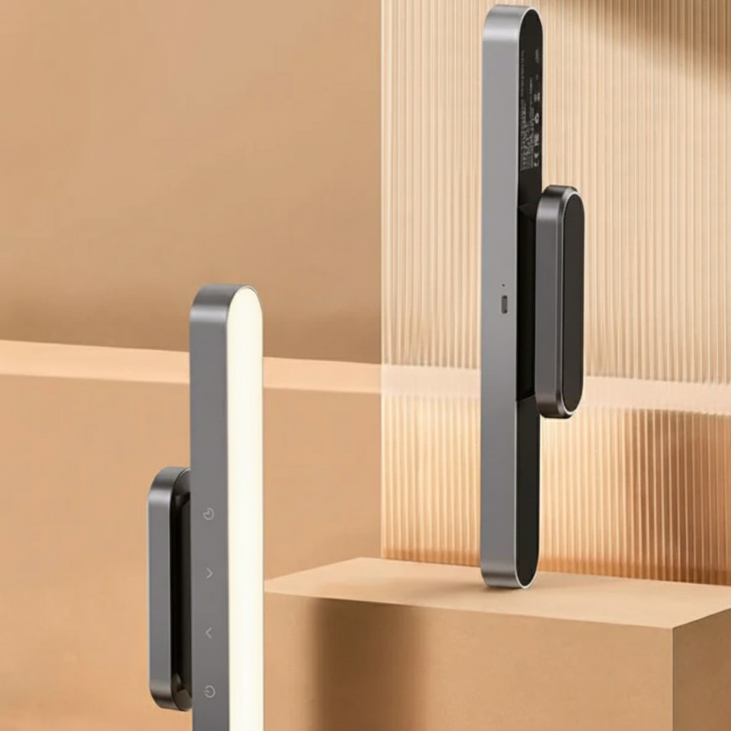 Two vertical views of the Lumora wireless magnetic LED lamp in grey, showing the front with touch controls and the back with its magnetic mounting system.