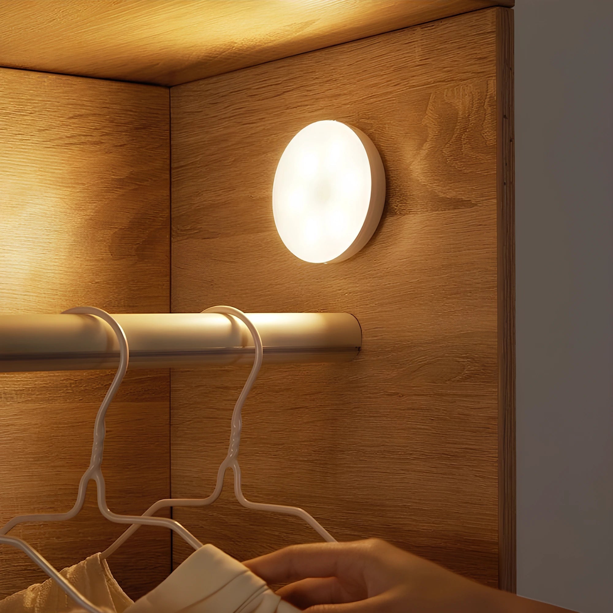 Lumos motion sensor light with adjustable brightness mounted under a wooden shelf in a closet, illuminating white clothes hangers. A hand reaches for clothing, demonstrating the light's use in dark spaces.