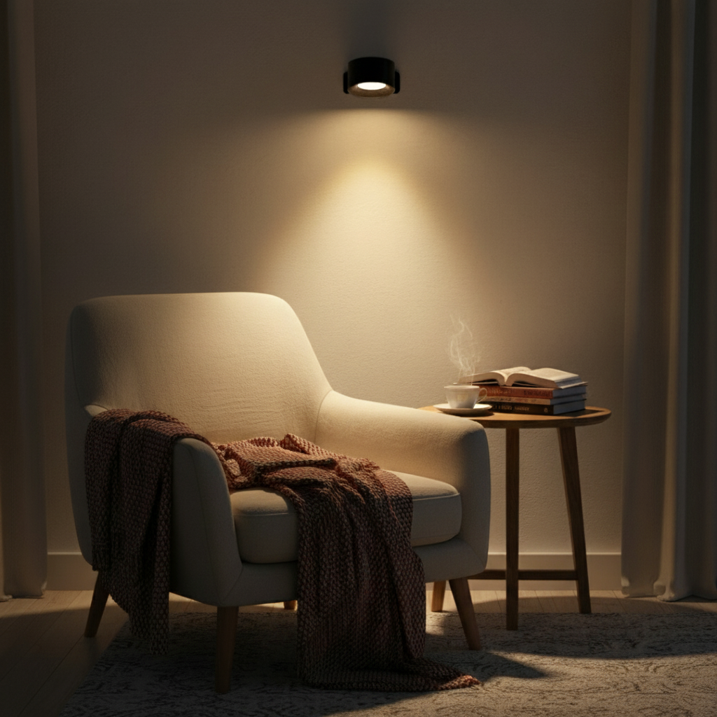 A black Lumos wireless wall lamp mounted on a light wall, casting warm LED light downwards onto a cozy reading nook. The scene features a cream-colored armchair draped a brown blanket, a small wooden side table holding an open book a steaming cup. The lamp provides ambient lighting.