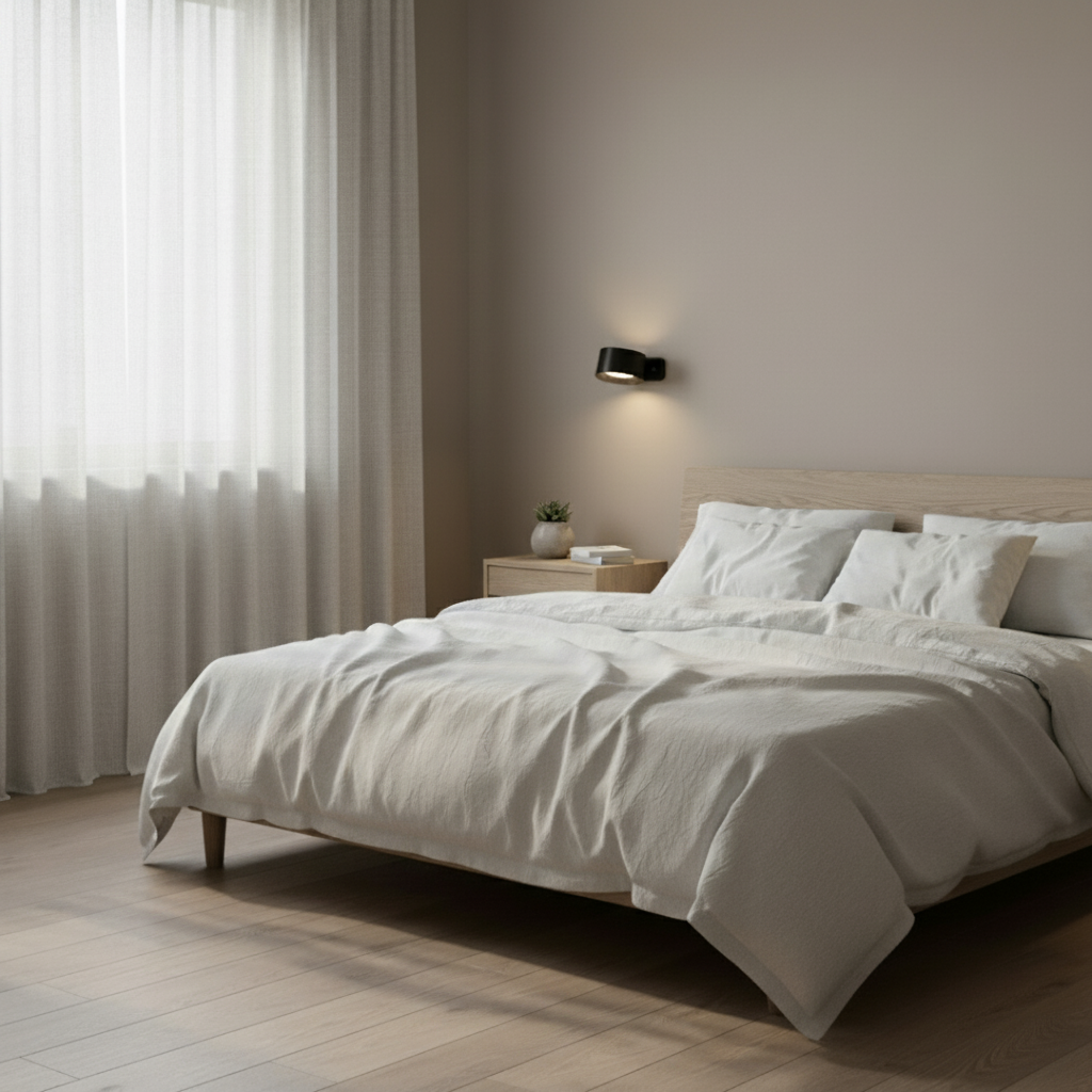 A single black Lumos wireless wall lamp with LED lighting mounted on a light beige wall above a light wood headboard in a bright bedroom.