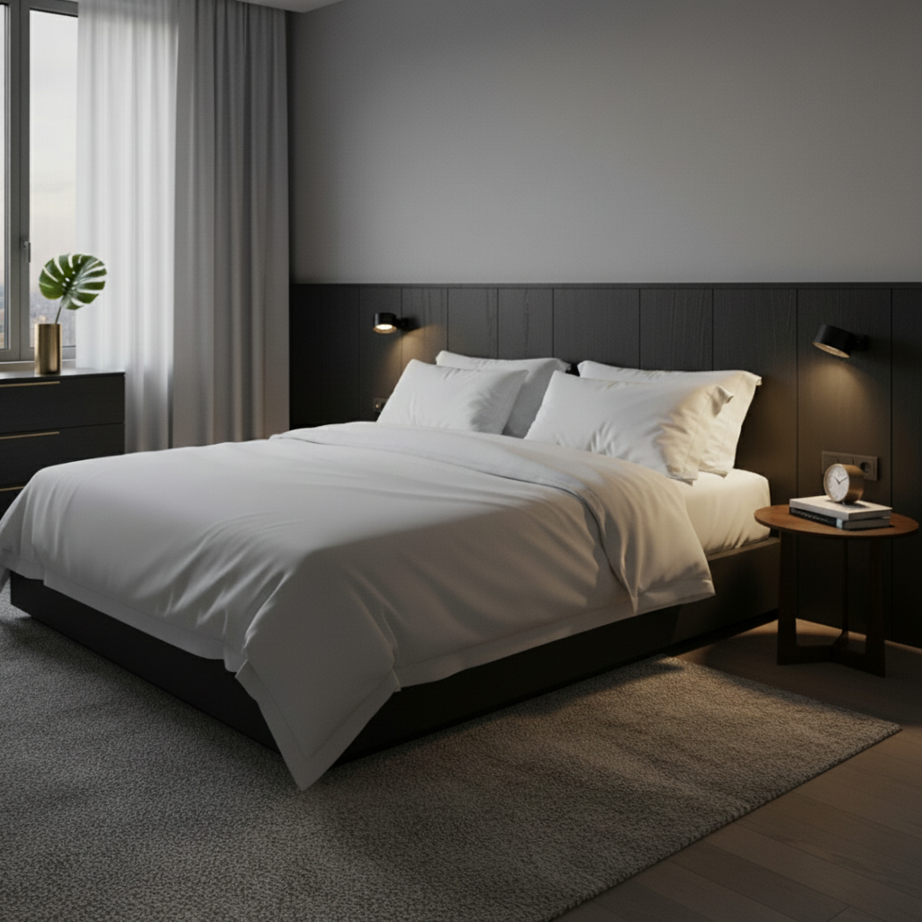 Two black Lumos wireless wall lamps with LED lighting mounted on a dark wood panel headboard in a modern bedroom, casting warm light.