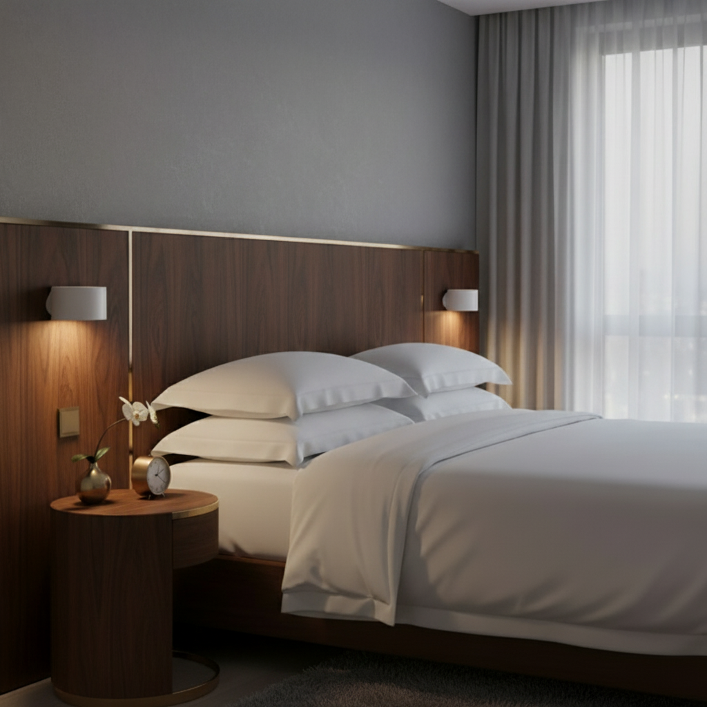 Two white Lumos wireless wall lamps with LED lighting mounted on a dark wood headboard in a modern bedroom setting, providing ambient light.