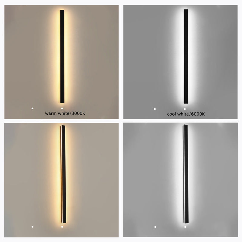 A four-panel collage showcasing the Luna Edge IP65 linear LED wall light's different light temperatures: warm white (3000K) and cool white (6000K), demonstrating the versatile illumination options.