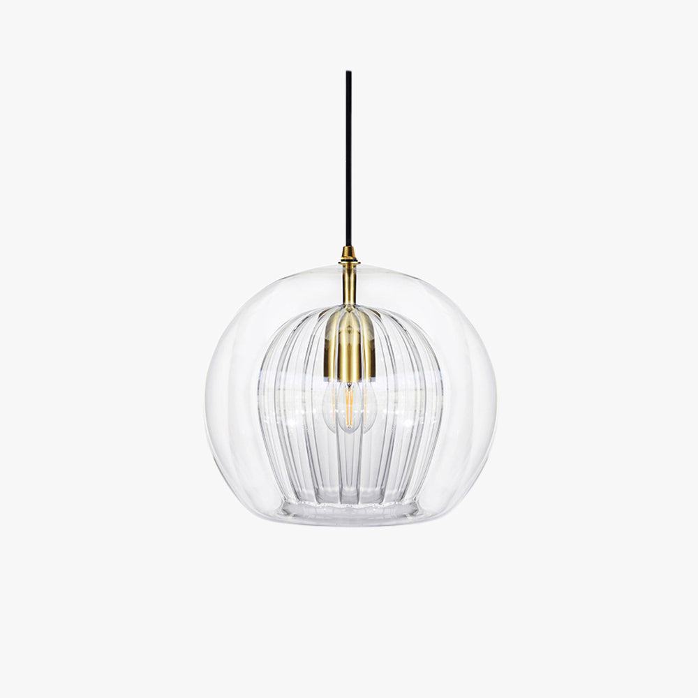 Lustre Aura LED pendant light with a clear outer glass globe and a ribbed inner clear glass shade, featuring brass accents, presented against a clean white background. This modern fixture offers adjustable height for versatile home decor.
