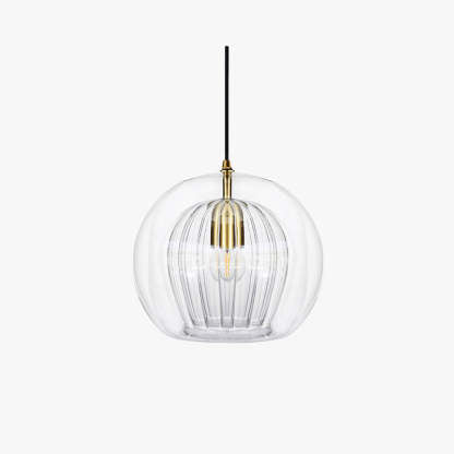 Lustre Aura LED pendant light with a clear outer glass globe and a ribbed inner clear glass shade, featuring brass accents, presented against a clean white background. This modern fixture offers adjustable height for versatile home decor.