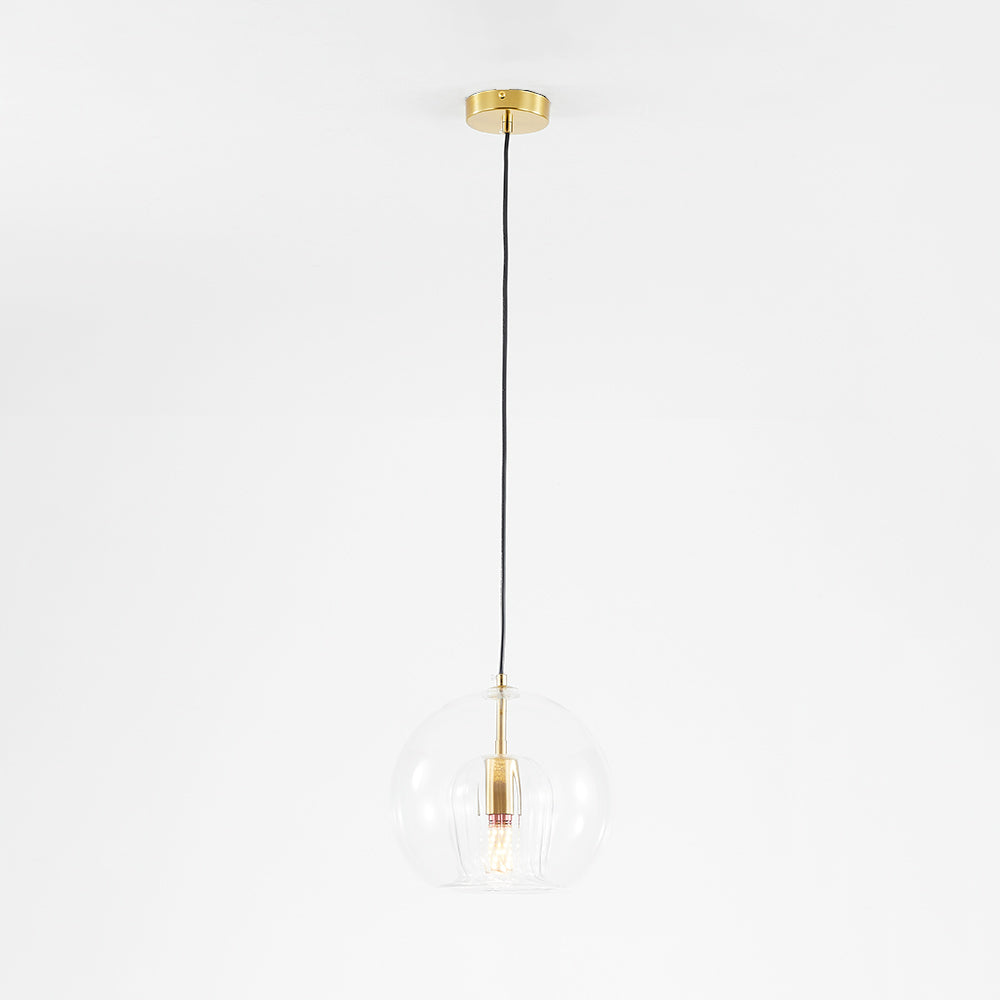 A single Lustre Aura LED pendant light featuring clear glass, a gold-colored fixture, and a black adjustable cord, presented against a clean white background.