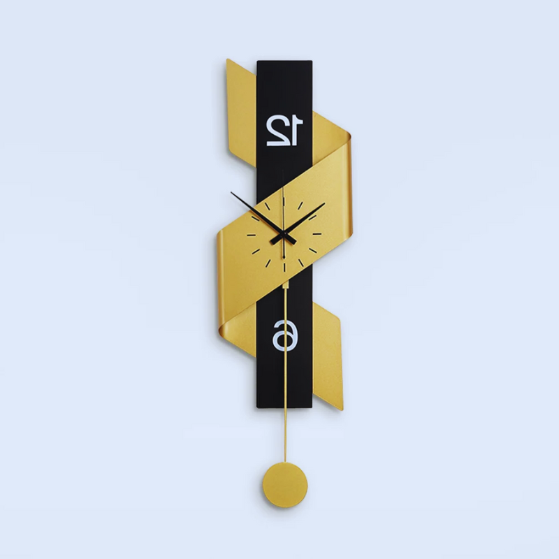 Large Metal Wall Clock With Noiseless Modern Pendulum with gold and black design on a light blue background.