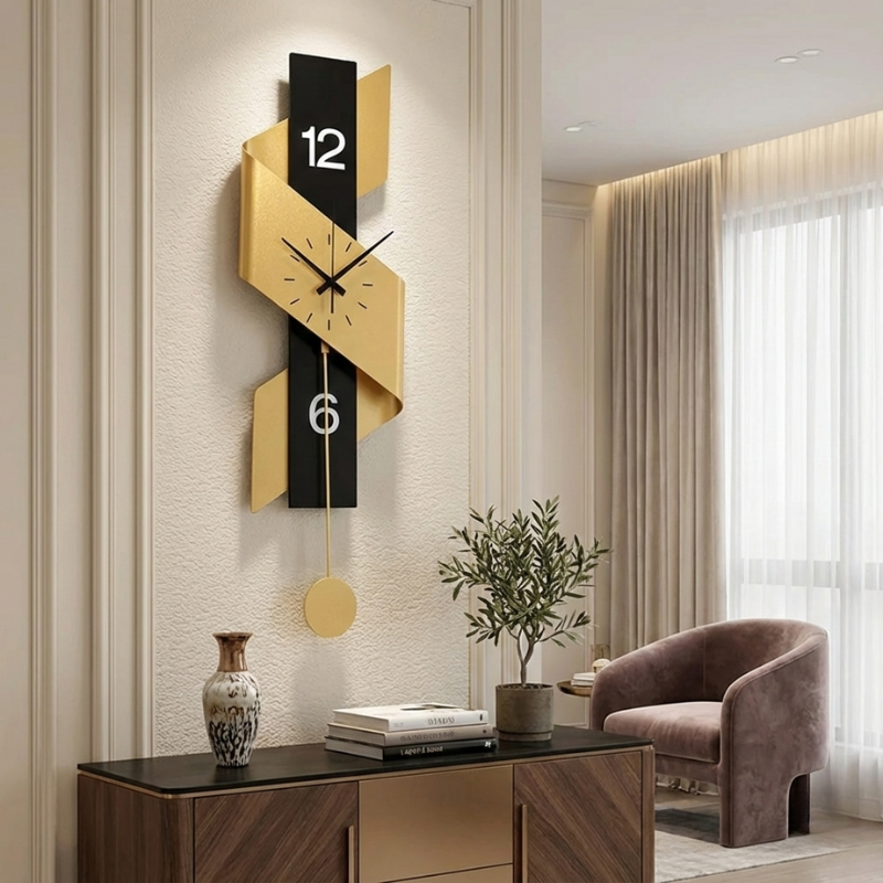 Large Metal Wall Clock With Noiseless Modern Pendulum on a white wall.