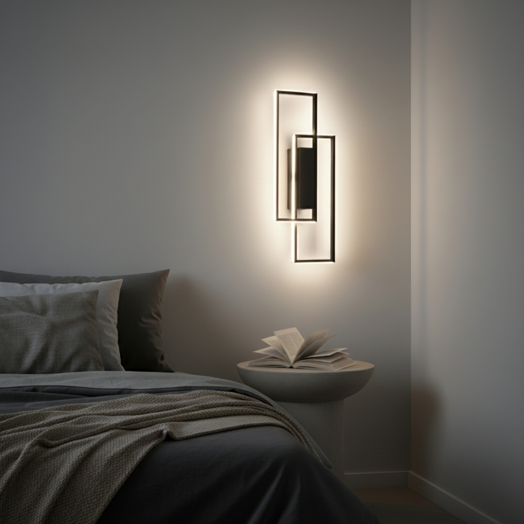 Lumoform Geometric LED Wall Lamp Aluminum with Three Color Temperature Settings, glowing on a light gray wall in a contemporary bedroom interior.