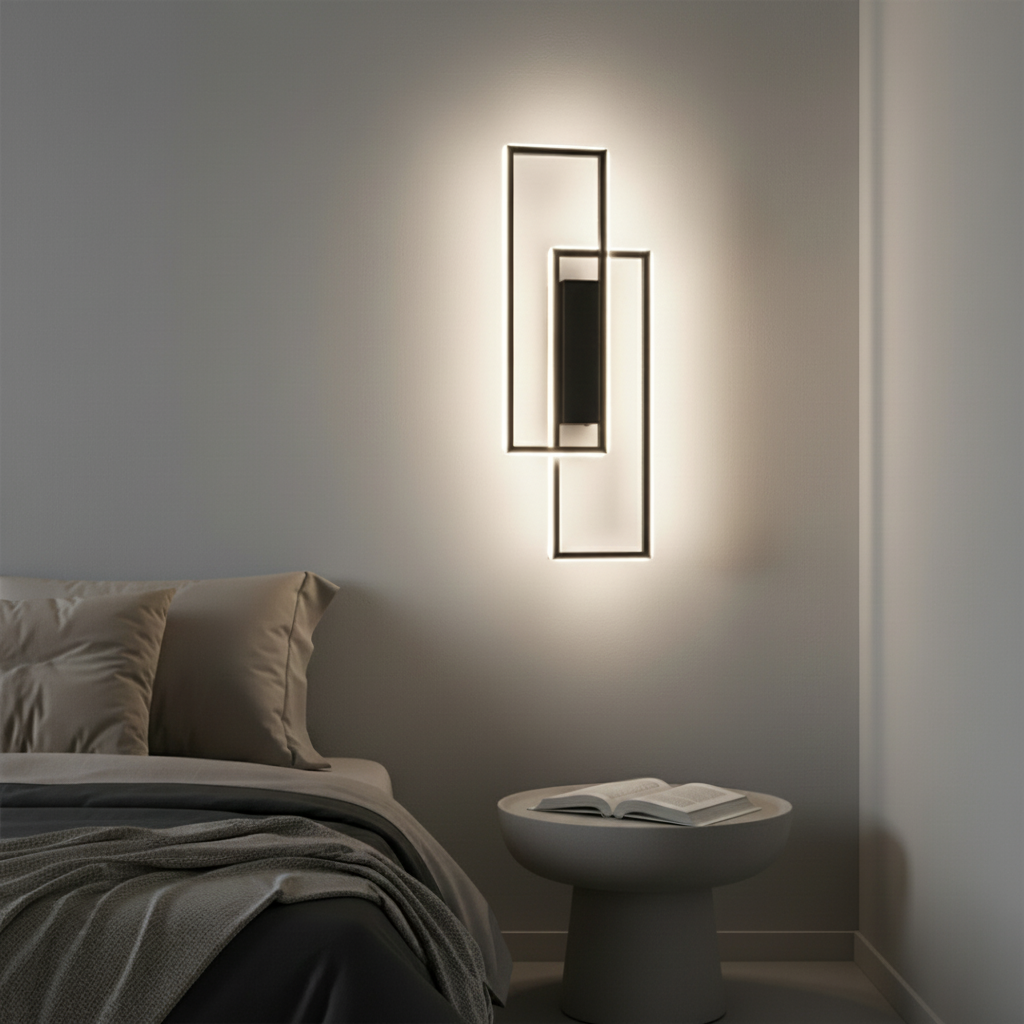 Lumoform Geometric LED Wall Lamp Aluminum with Three Color Temperature Settings, illuminated on a light gray wall in a modern bedroom setting with a bed and side table.