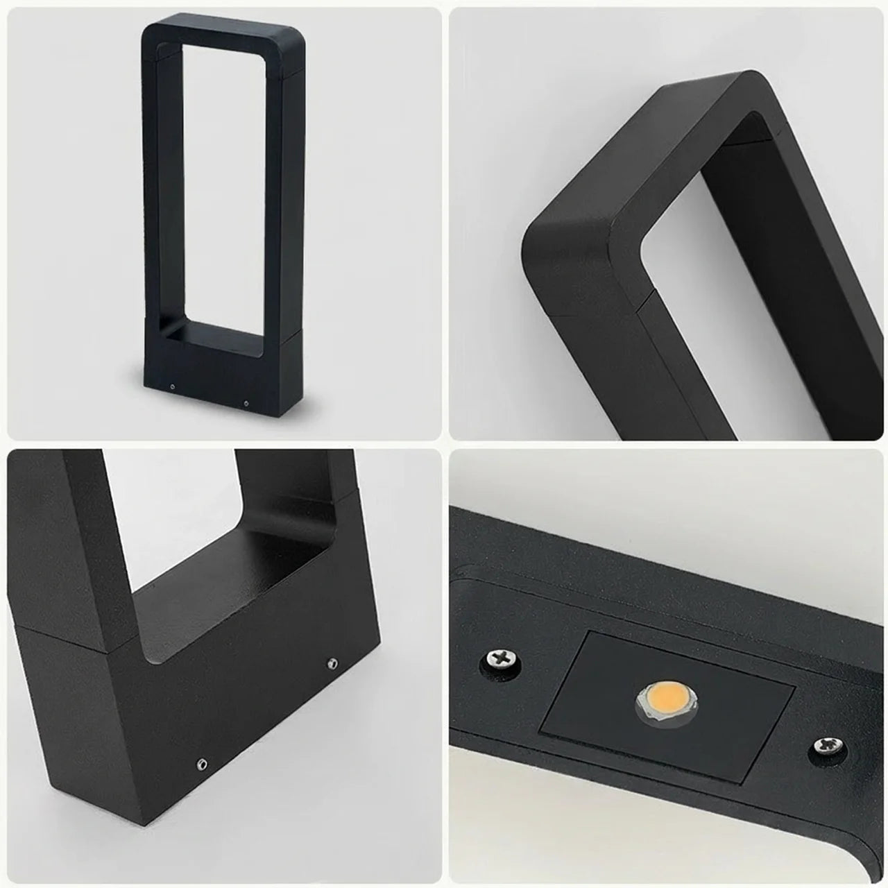 Side profile of matte black aluminum rectangular IP65 10W LED outdoor lawn light base mount 11.8 inch height dimmed cool white glowing on driveway