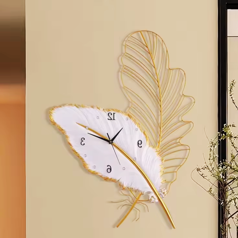 Modern Mounted Resin Wall Clock with gold and white design on a beige wall.