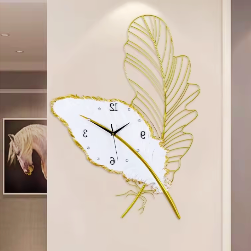 Modern Mounted Resin Wall Clock with a horse painting in the background.