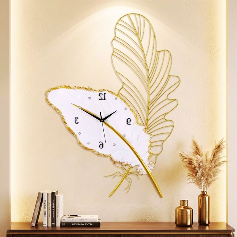 Modern Mounted Resin Wall Clock above wooden table.