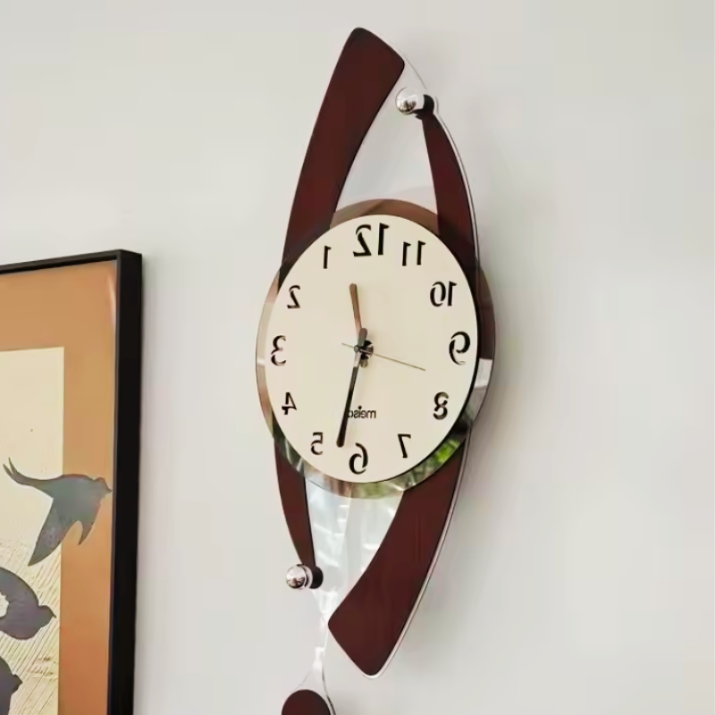 Modern Retro Wall Clock for Living Room with brown and silver design on a white wall.