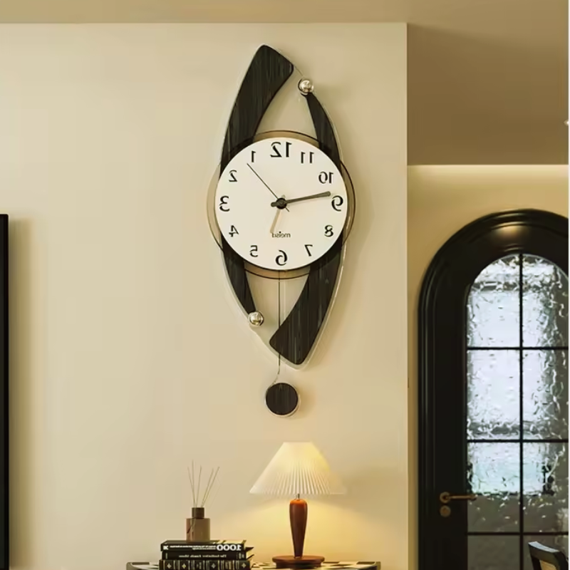 Modern Retro Wall Clock for Living Room with a lamp and window in the background.