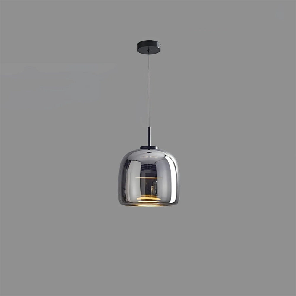 Full view of a single Nordic Glow smoked grey glass LED pendant light with a minimalist design, hanging against a plain grey background.
