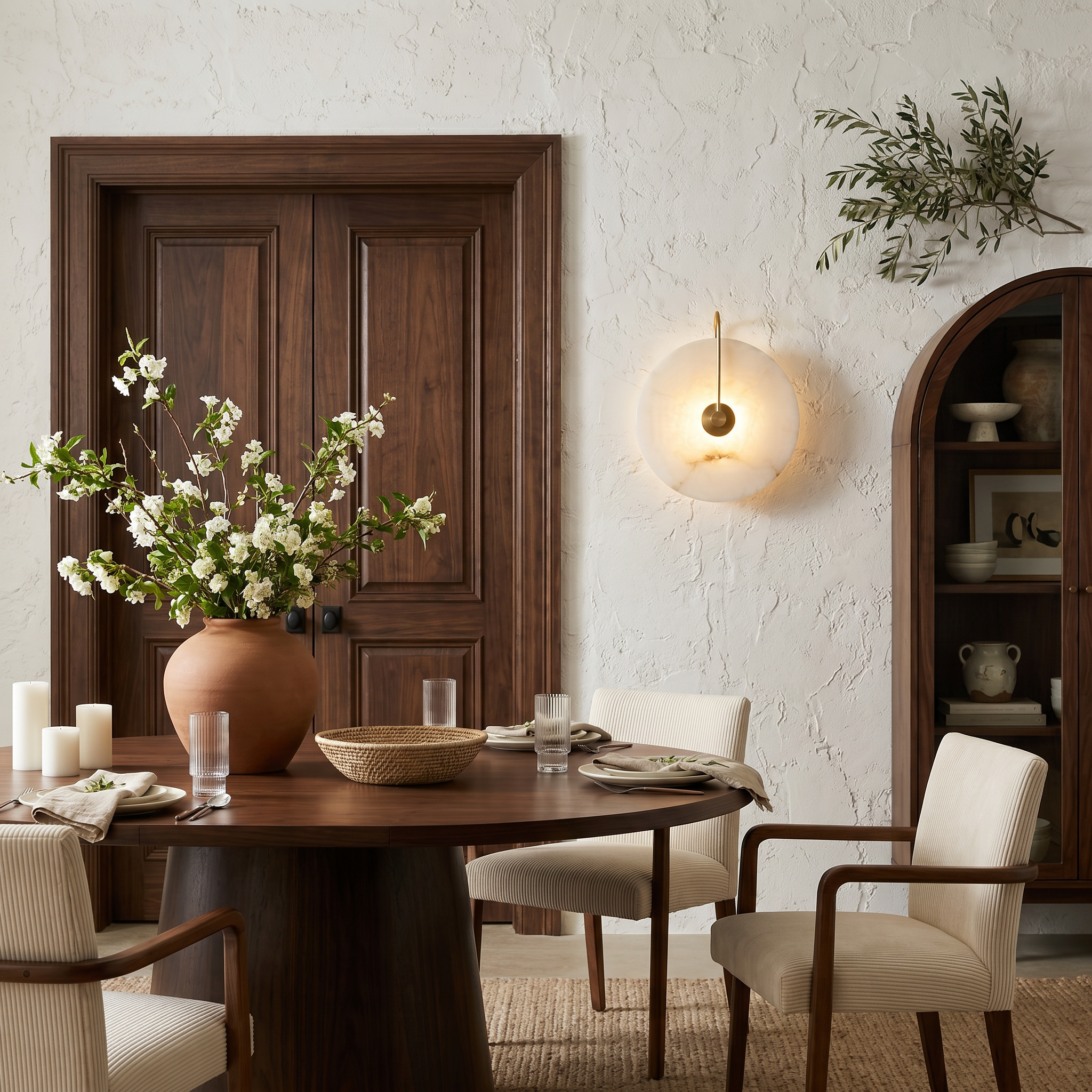 Natural marble gold round warm LED wall sconce ambient room view with 25cm diameter and warm light glowing in dining room