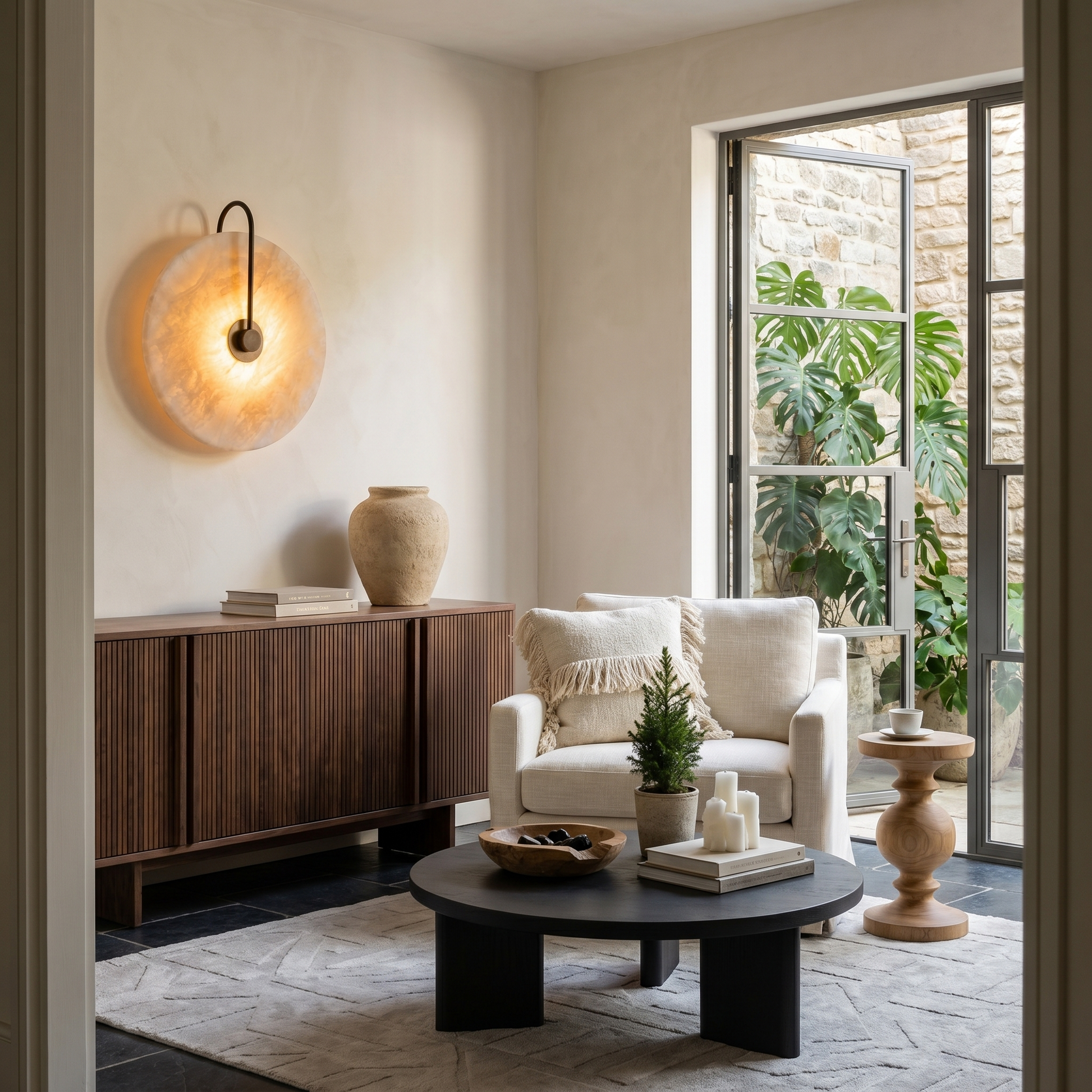 Close-up detail shot of natural marble black round warm LED wall sconce with 25cm diameter and warm light in sitting room