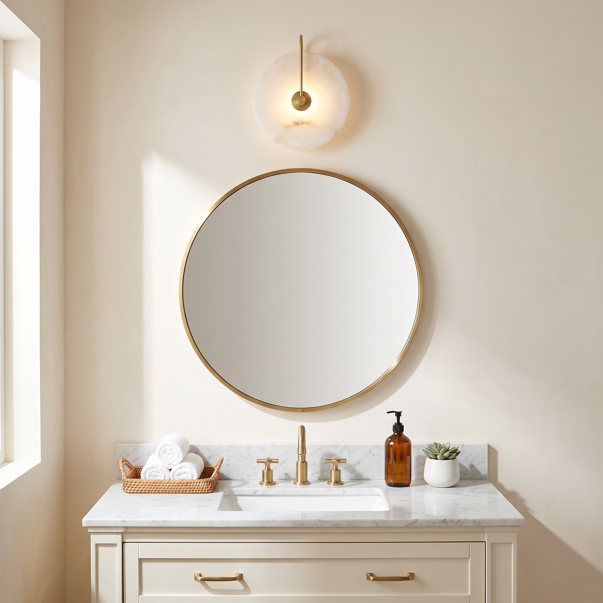 Natural marble black round warm LED wall sconce shown side profile with 20cm diameter and warm light in bathroom setting