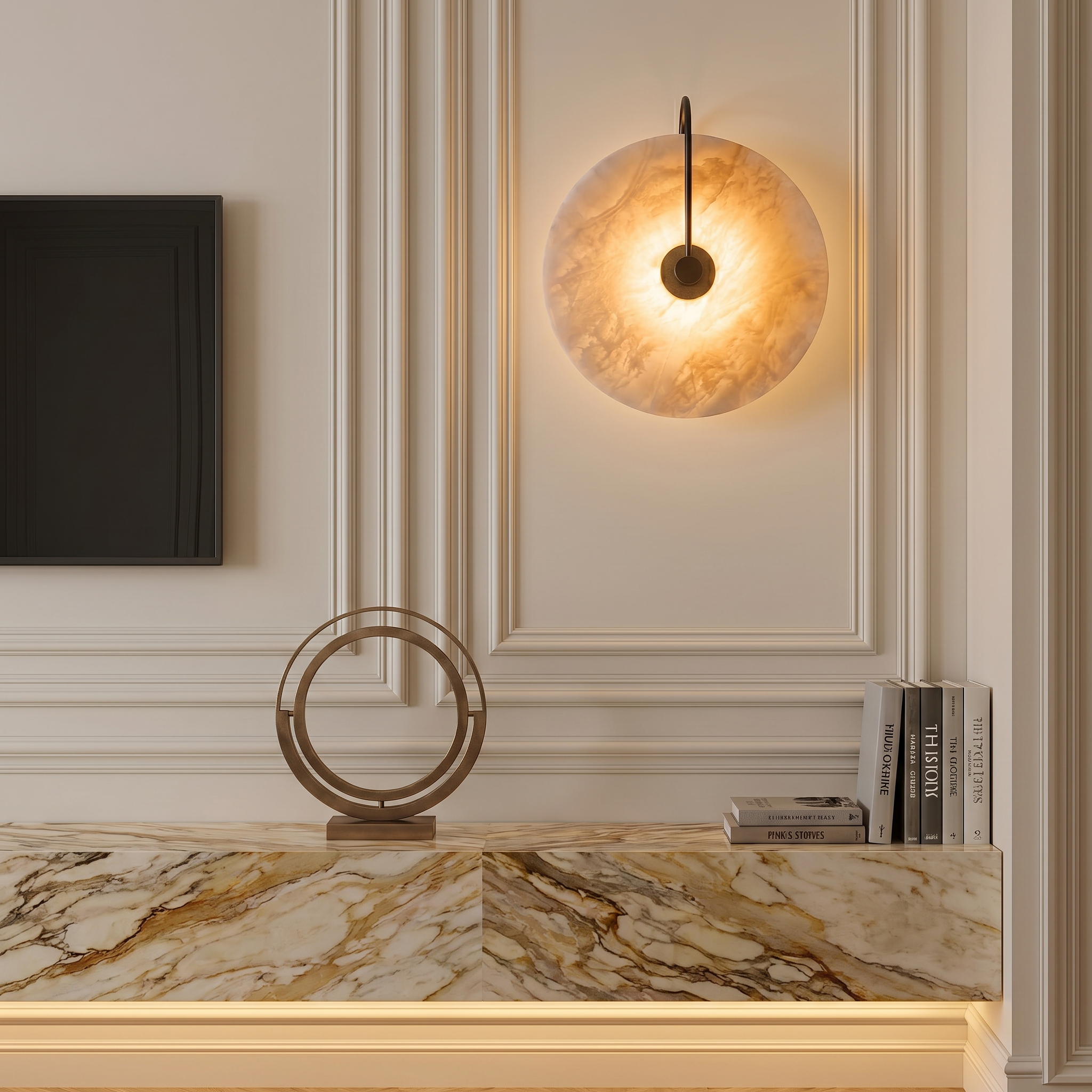 Natural marble gold round warm LED wall sconce at three-quarter angle with 20cm diameter and warm light in living room