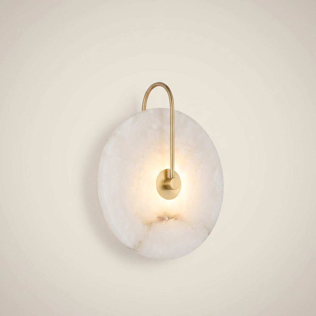 Faux marble gold round warm LED wall sconce top down view with 25cm diameter and warm light glowing