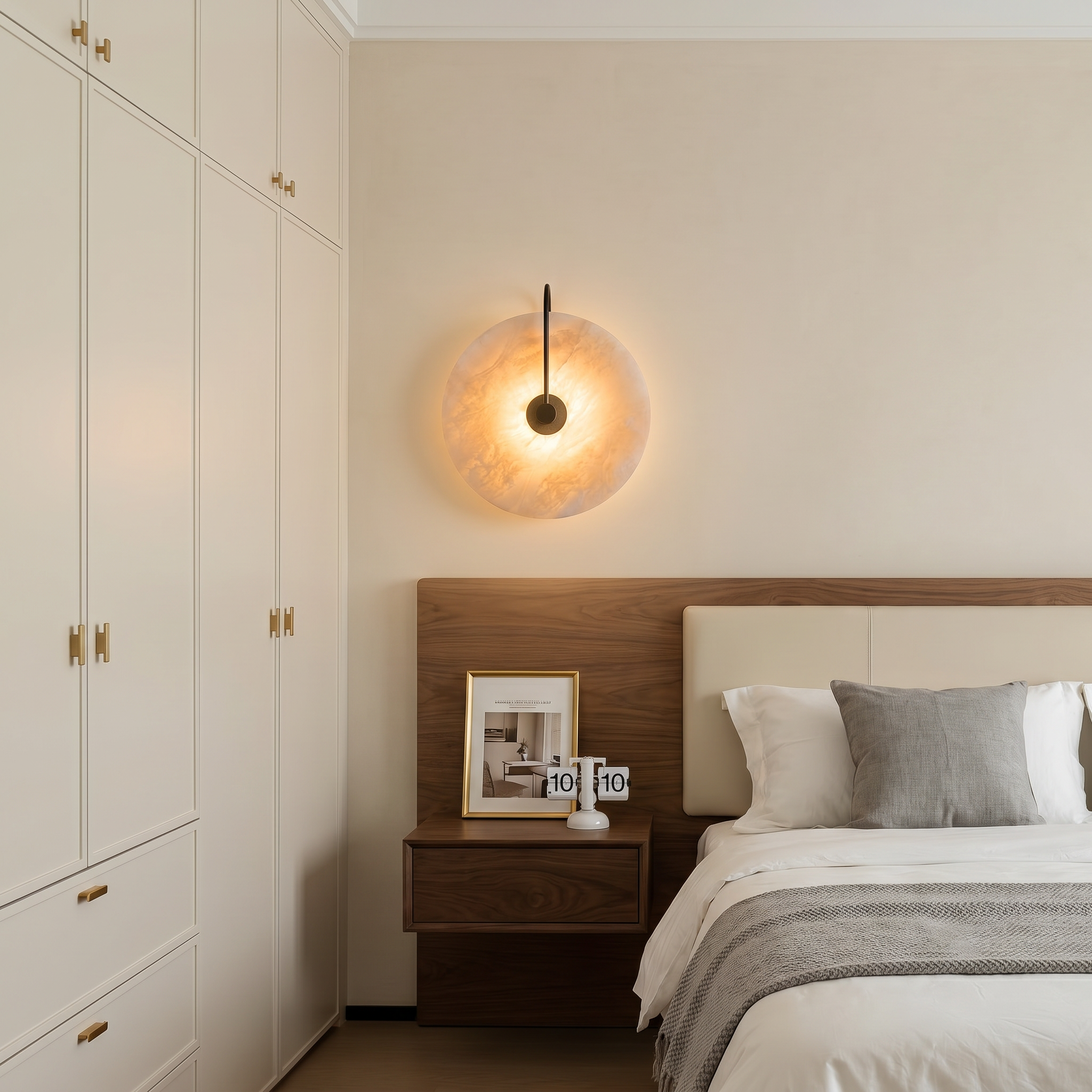 Natural marble gold round warm LED wall sconce viewed top down with 20cm diameter and warm light near bedroom wall