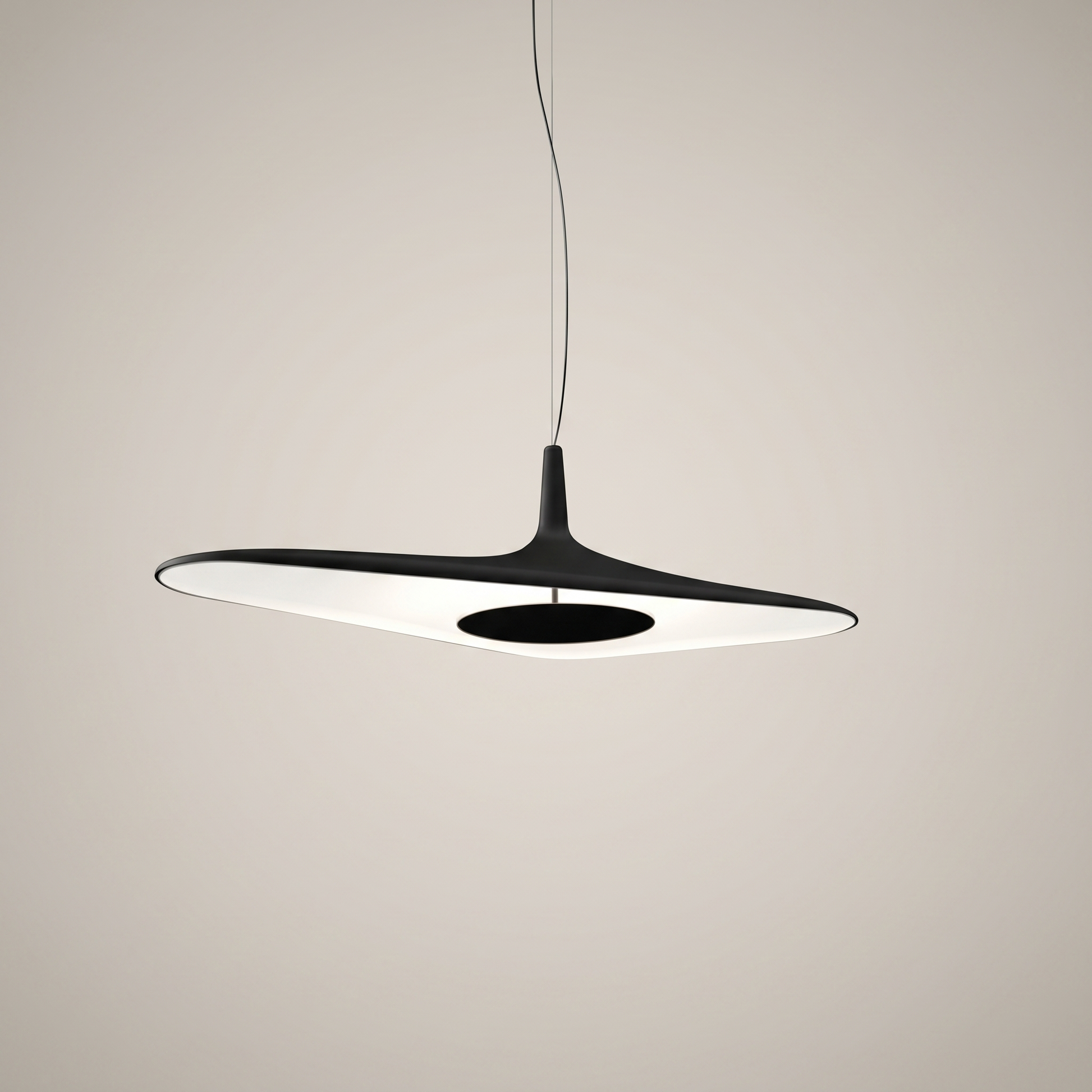 Nordic Art Pendant Light in black eye-level wide shot over dining room table with adjustable suspension wire